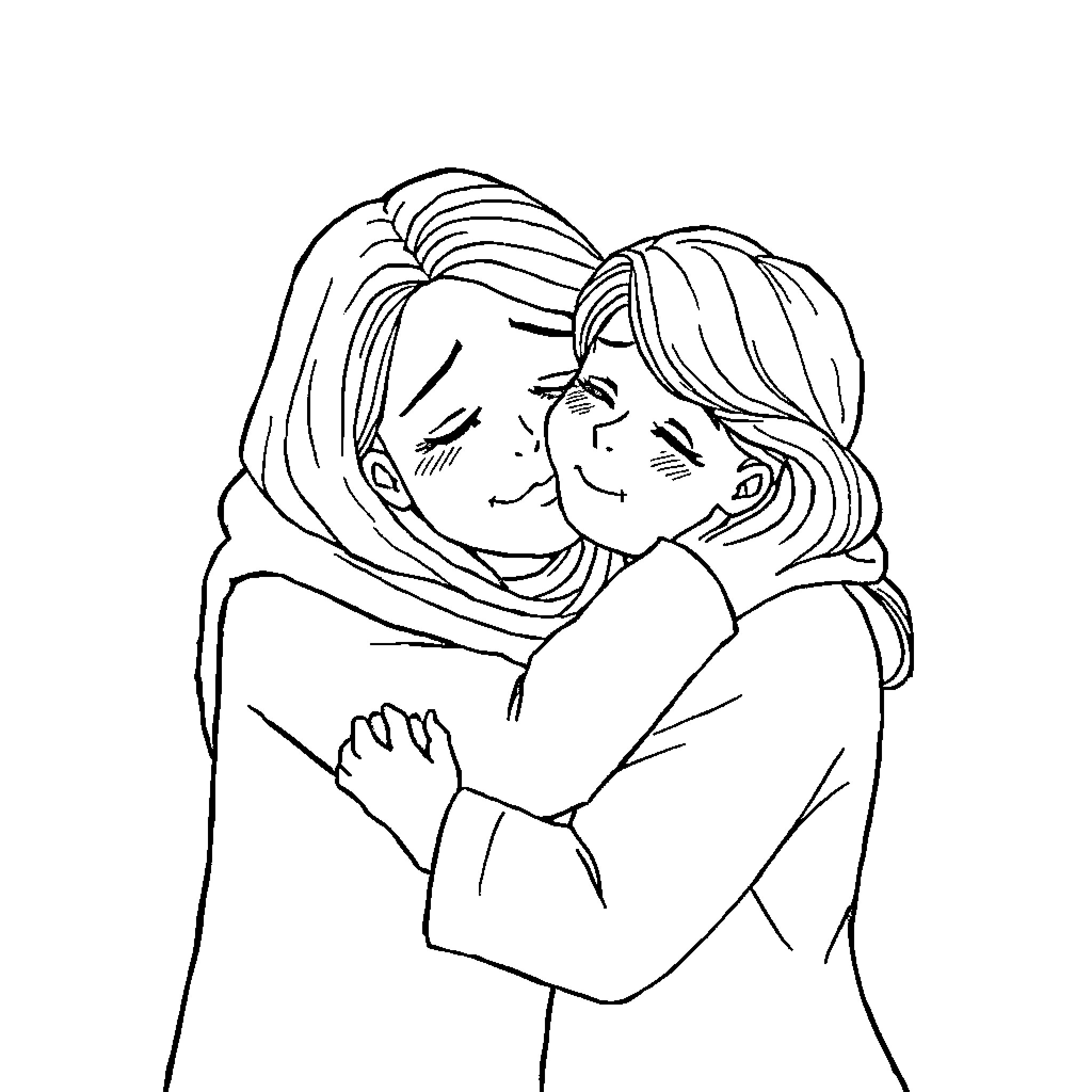 Mom and child embracing affectionately Coloring Page (free black-and-white line drawing printable PDF for all, from beginners to advanced learners, including children, teens, adults, and seniors)