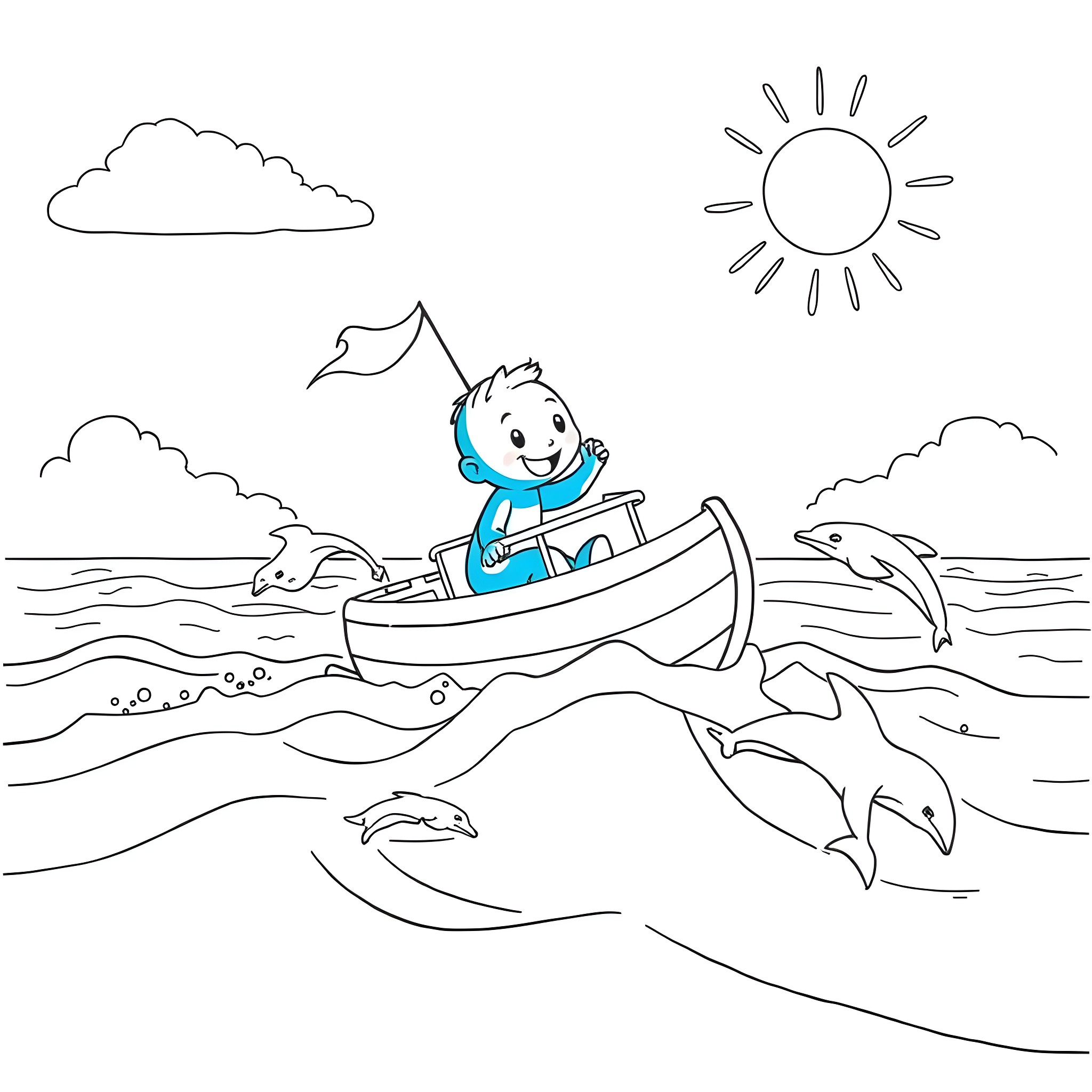 Bluey adventures at sea with dolphins Coloring Page (free black-and-white line drawing printable PDF for all, from beginners to advanced learners, including children, teens, adults, and seniors)