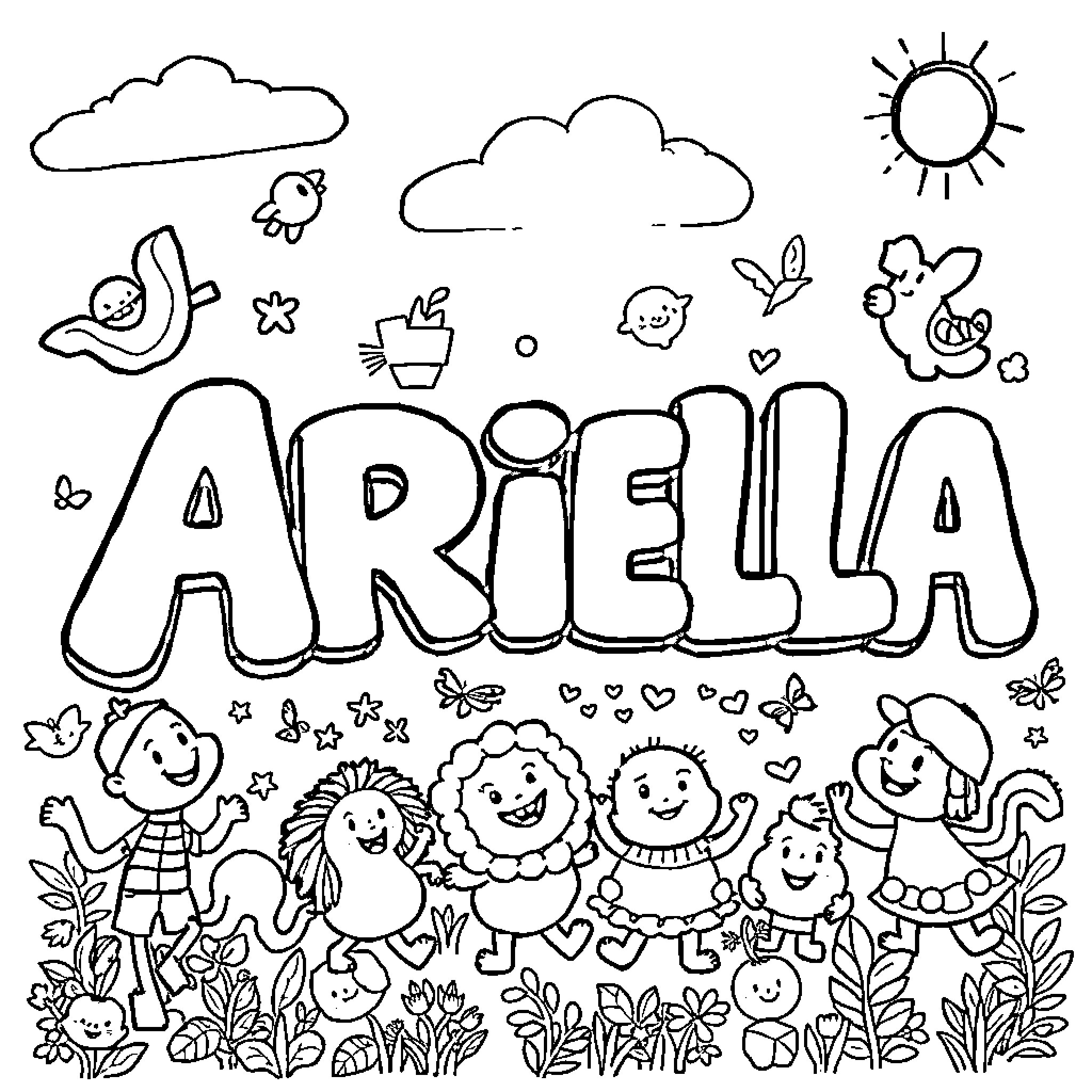 Ariella's Playful Adventure with Friends Coloring Page (free black-and-white line drawing printable PDF for all, from beginners to advanced learners, including children, teens, adults, and seniors)