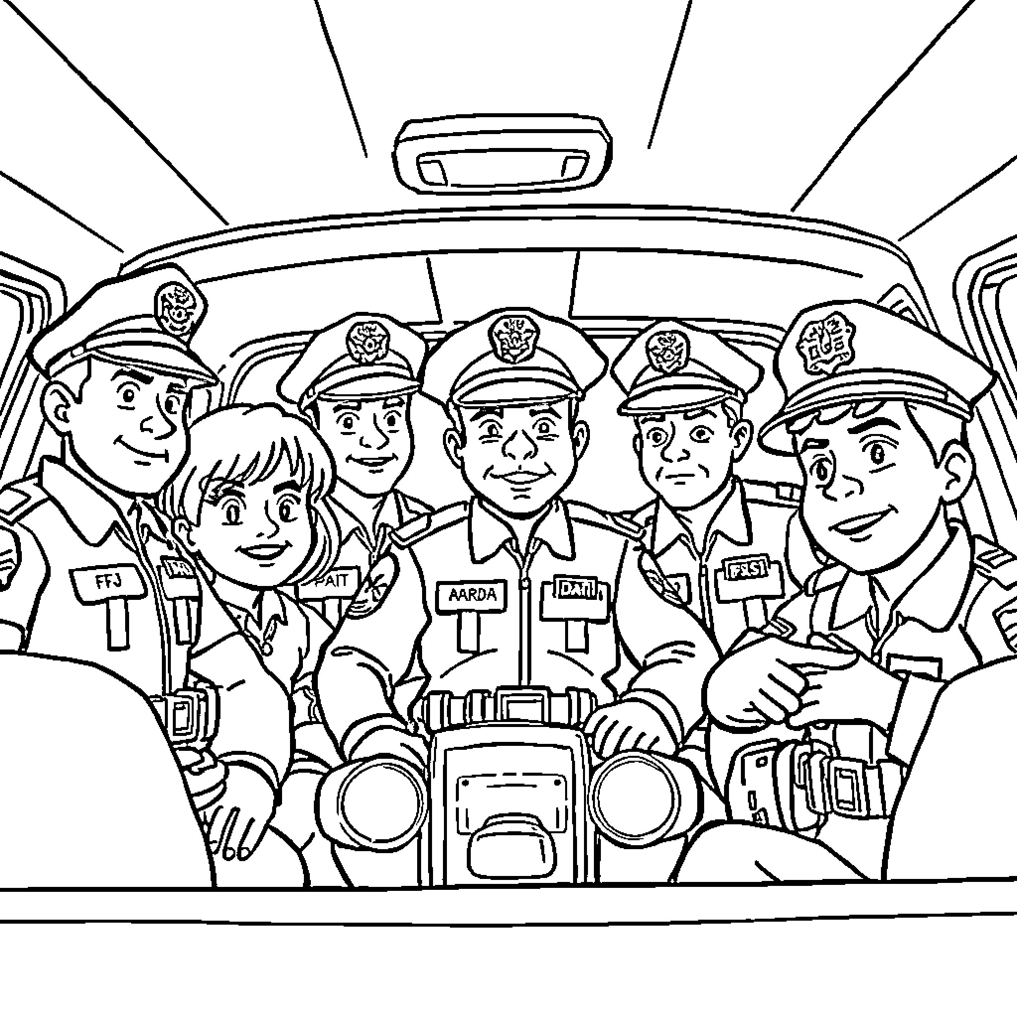 Patrulla de policías trabajando juntos en un vehículo Coloring Page (free black-and-white line drawing printable PDF for all, from beginners to advanced learners, including children, teens, adults, and seniors)