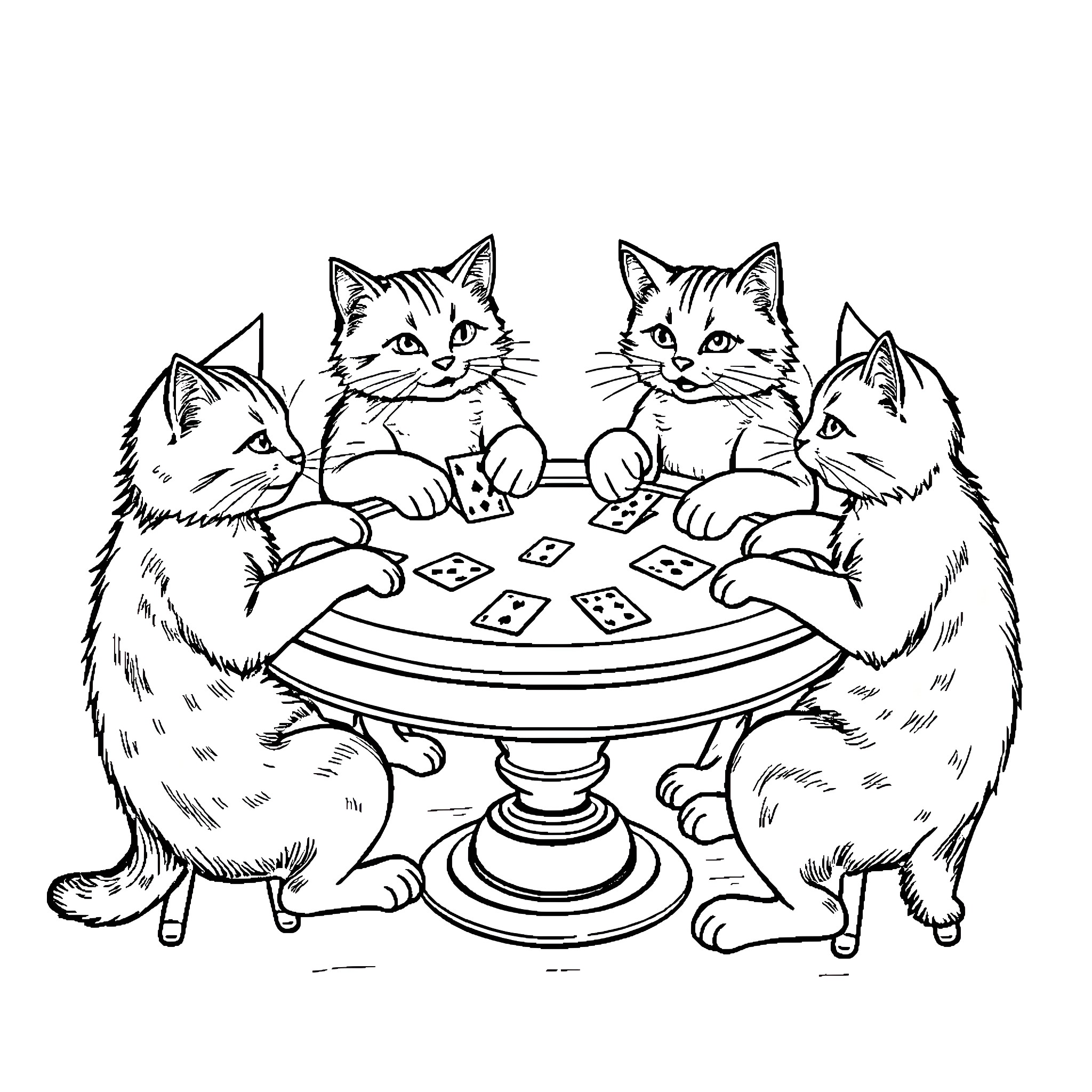 Cats playing cards at a table Coloring Page (free black-and-white line drawing printable PDF for all, from beginners to advanced learners, including children, teens, adults, and seniors)