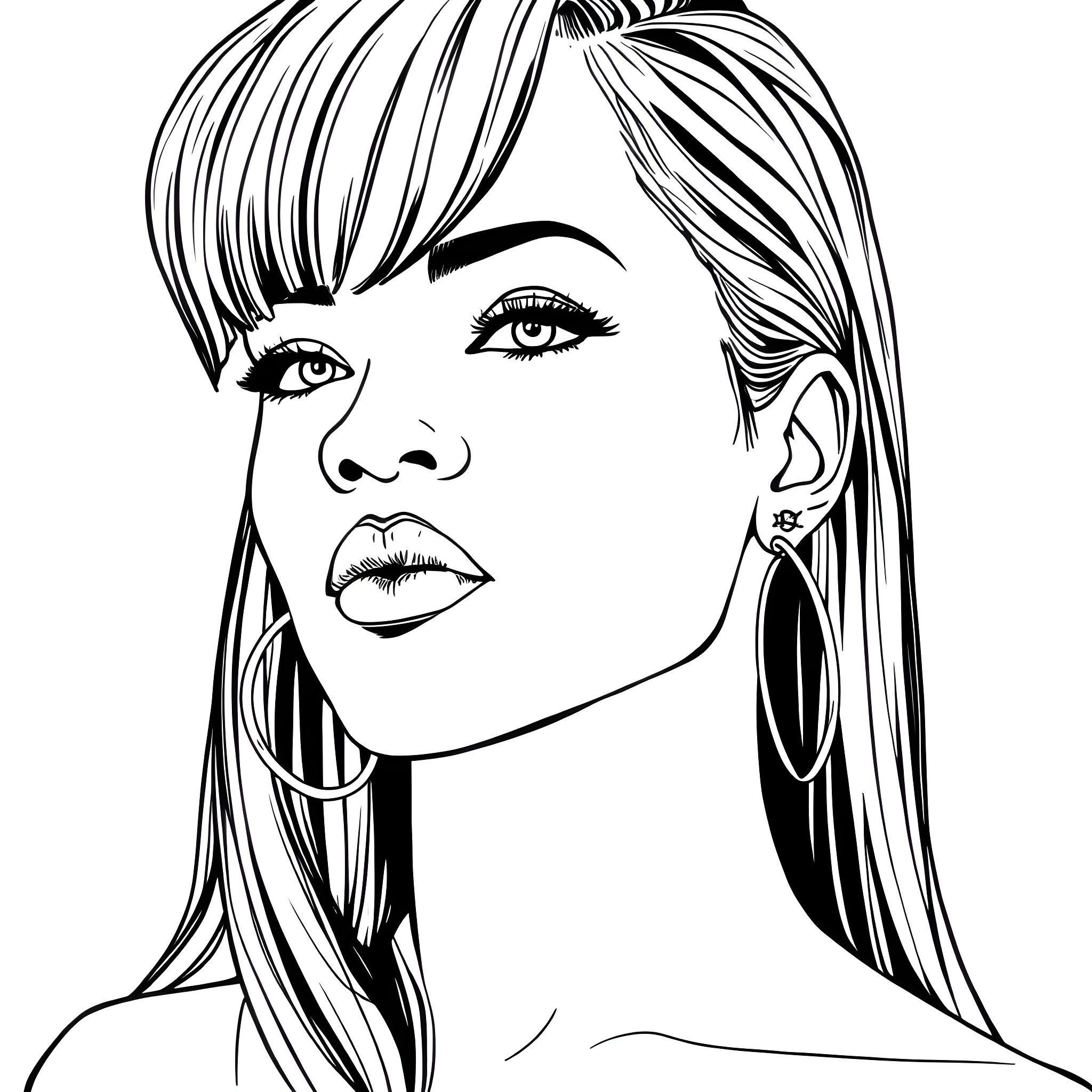 Rihanna's Striking Monochrome Portrait Coloring Page (free black-and-white line drawing printable PDF for all, from beginners to advanced learners, including children, teens, adults, and seniors)