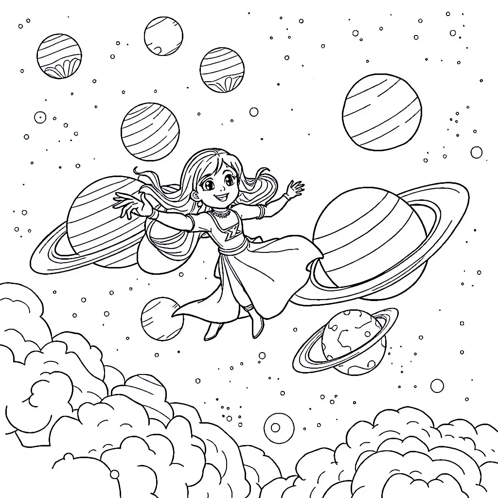 Zahra's Cosmic Adventure Coloring Page (free black-and-white line drawing printable PDF for all, from beginners to advanced learners, including children, teens, adults, and seniors)