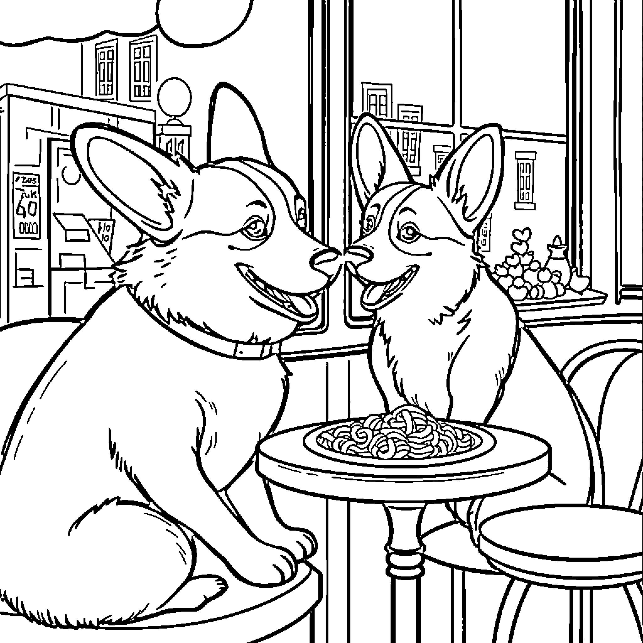 Corgi Corgis Enjoying a Meal Together Coloring Page (free black-and-white line drawing printable PDF for all, from beginners to advanced learners, including children, teens, adults, and seniors)