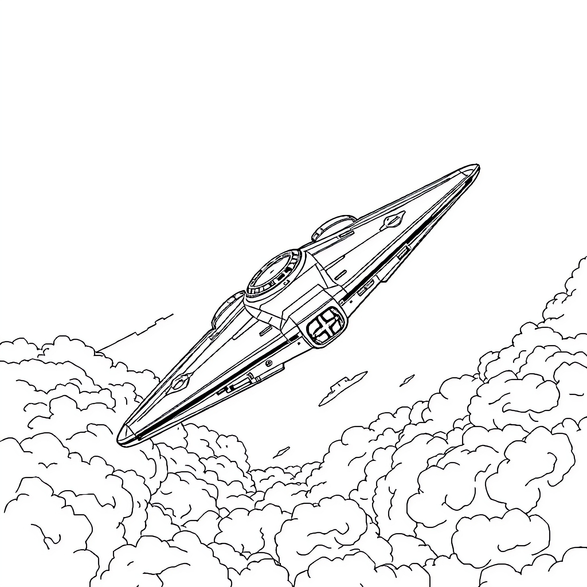 Boba Fett's iconic spacecraft in action Coloring Page (free black-and-white line drawing printable PDF for all, from beginners to advanced learners, including children, teens, adults, and seniors)
