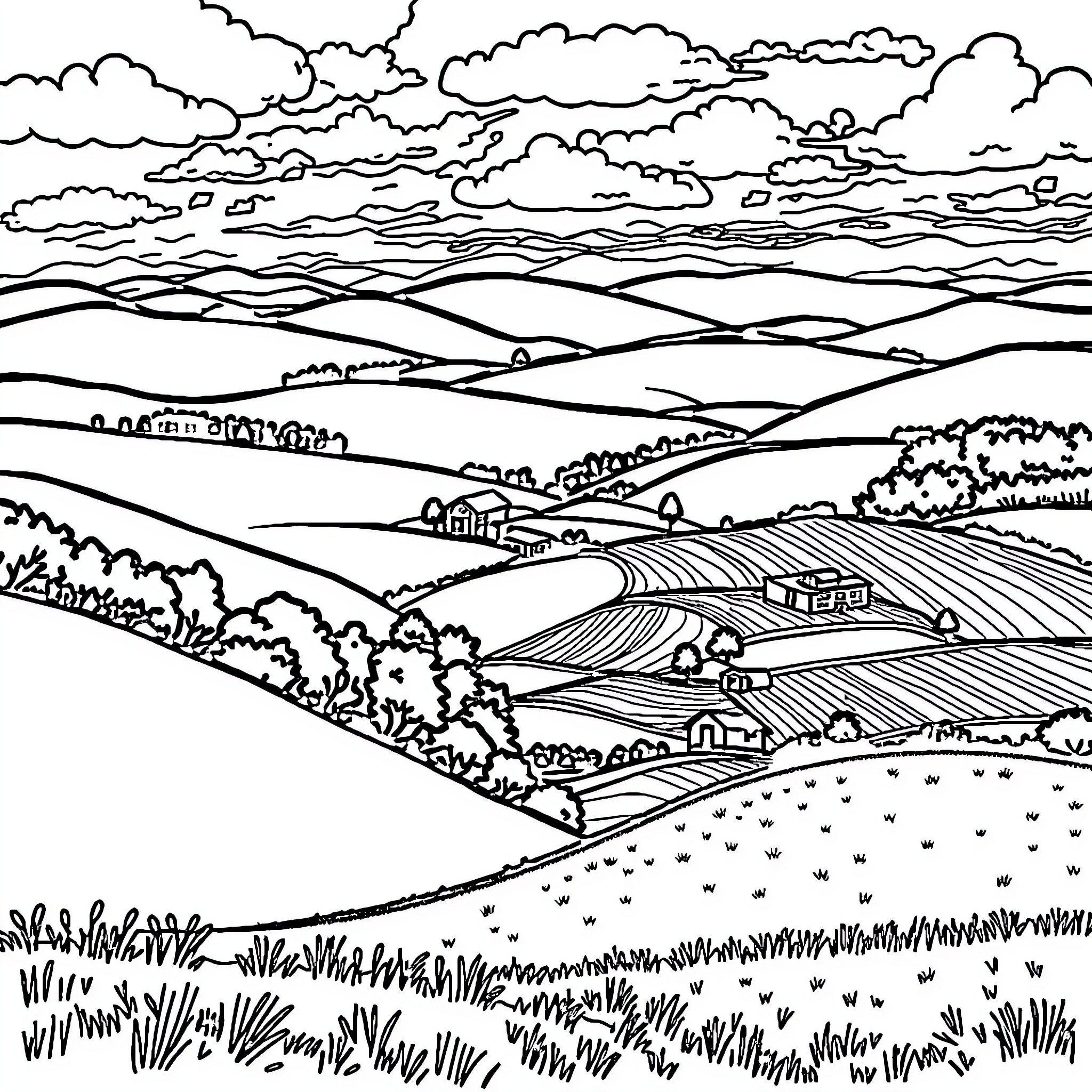 Country Landscape with Rolling Hills and Rural Scenes Coloring Page (free black-and-white line drawing printable PDF for all, from beginners to advanced learners, including children, teens, adults, and seniors)
