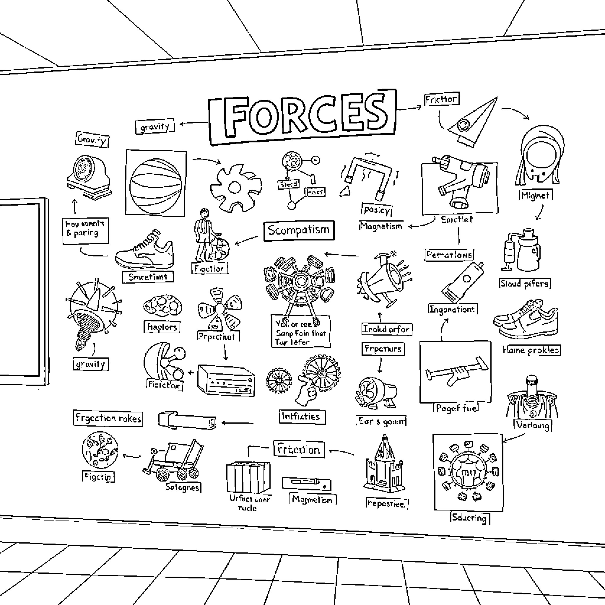 Forces and Their Representations in the Classroom Coloring Page (free black-and-white line drawing printable PDF for all, from beginners to advanced learners, including children, teens, adults, and seniors)