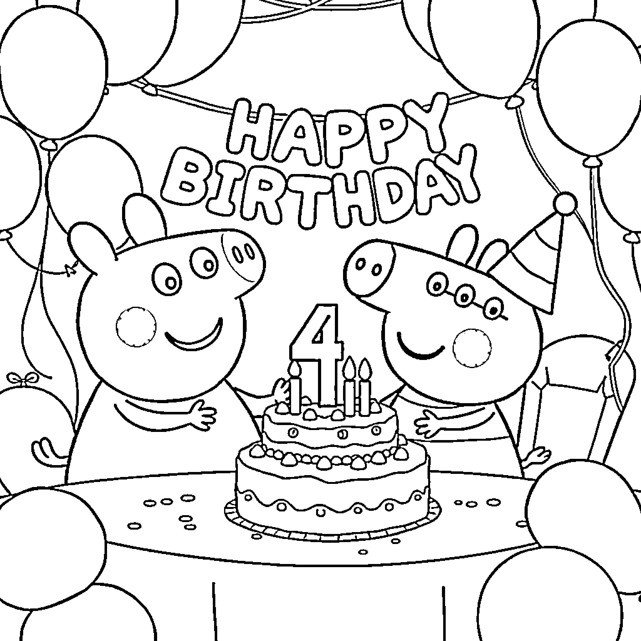 Bluey and friends celebrate 4th birthday party Coloring Page (free black-and-white line drawing printable PDF for all, from beginners to advanced learners, including children, teens, adults, and seniors)