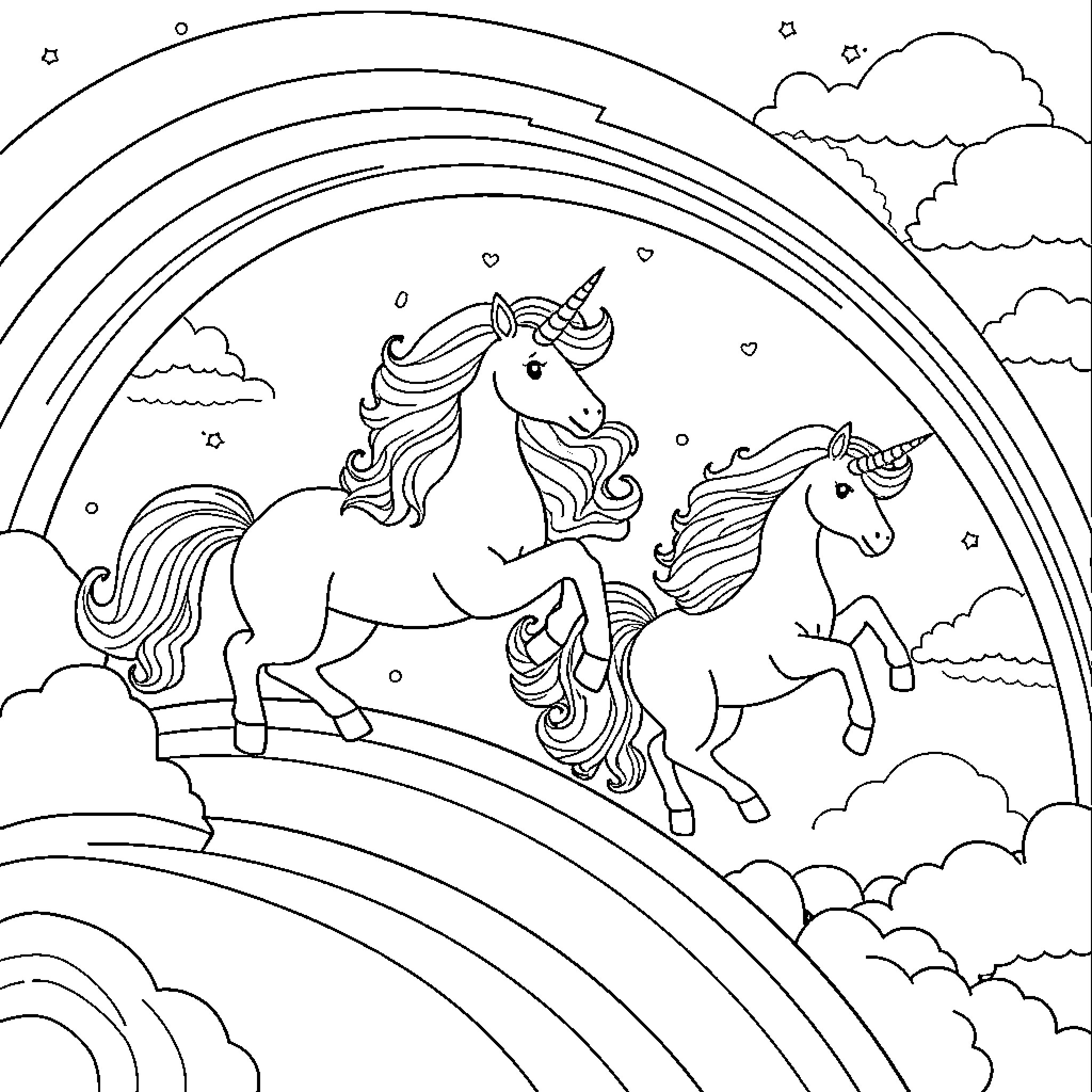 Unicorn Duo Galloping through Enchanted Skies Coloring Page (free black-and-white line drawing printable PDF for all, from beginners to advanced learners, including children, teens, adults, and seniors)