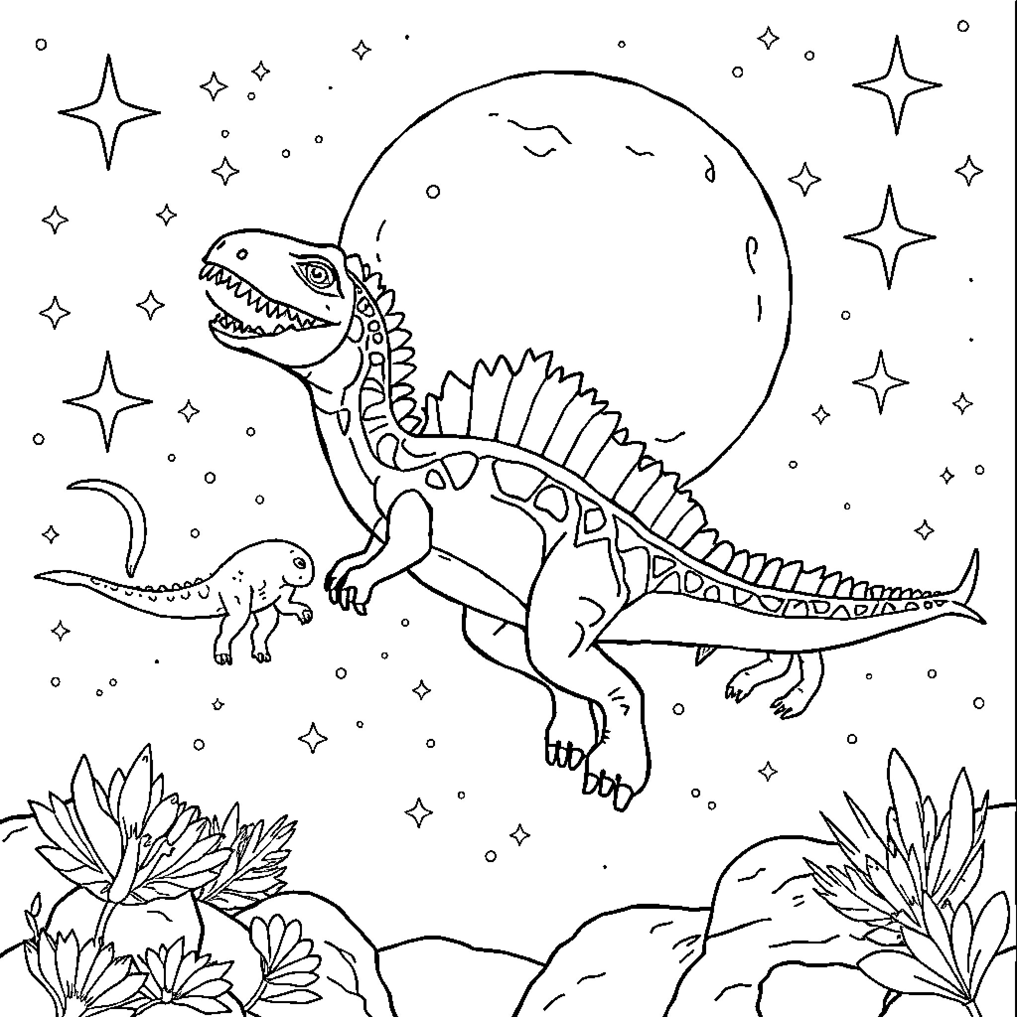 Dinosaur roaring under a starry night sky Coloring Page (free black-and-white line drawing printable PDF for all, from beginners to advanced learners, including children, teens, adults, and seniors)
