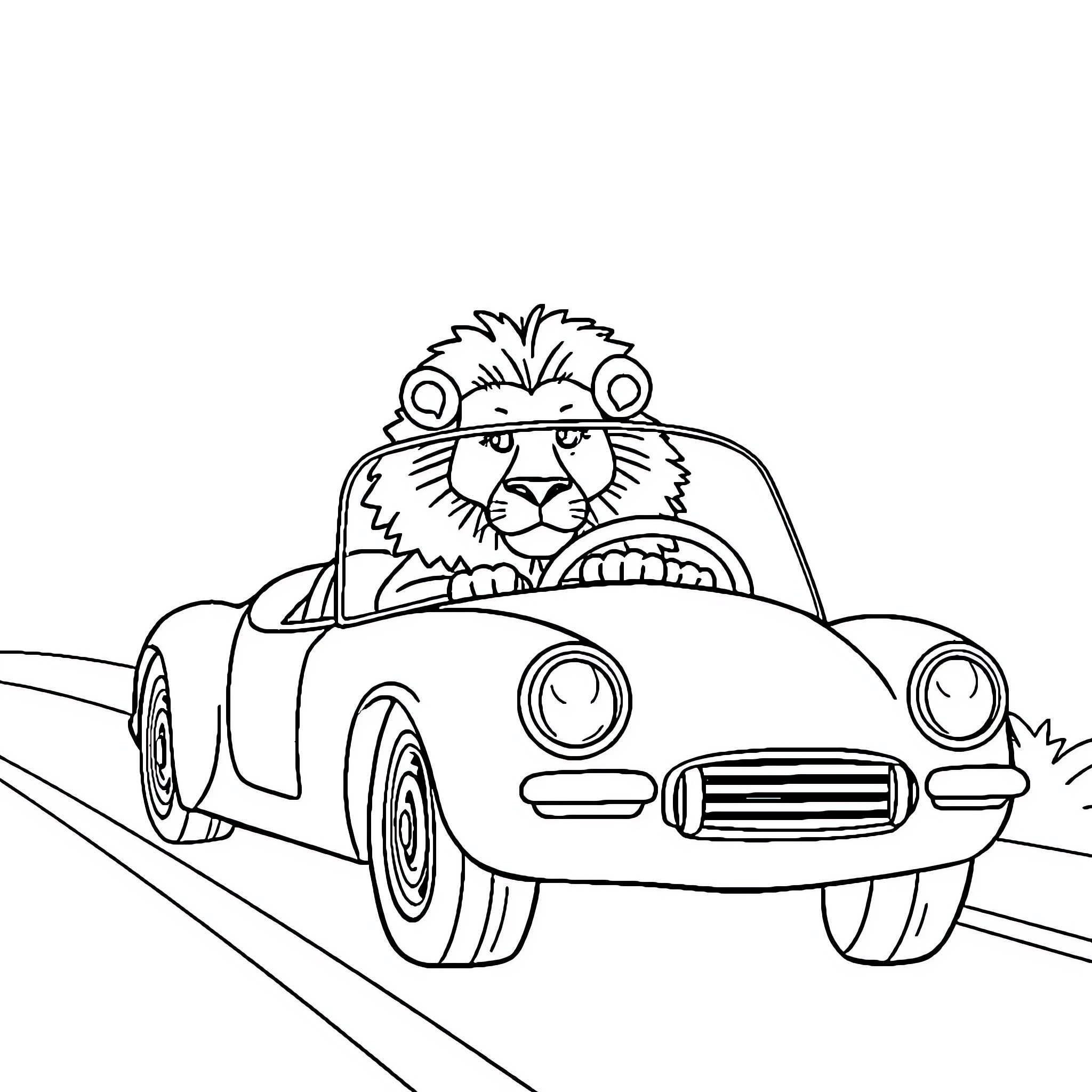Lion driving a fun car on the road Coloring Page (free black-and-white line drawing printable PDF for all, from beginners to advanced learners, including children, teens, adults, and seniors)