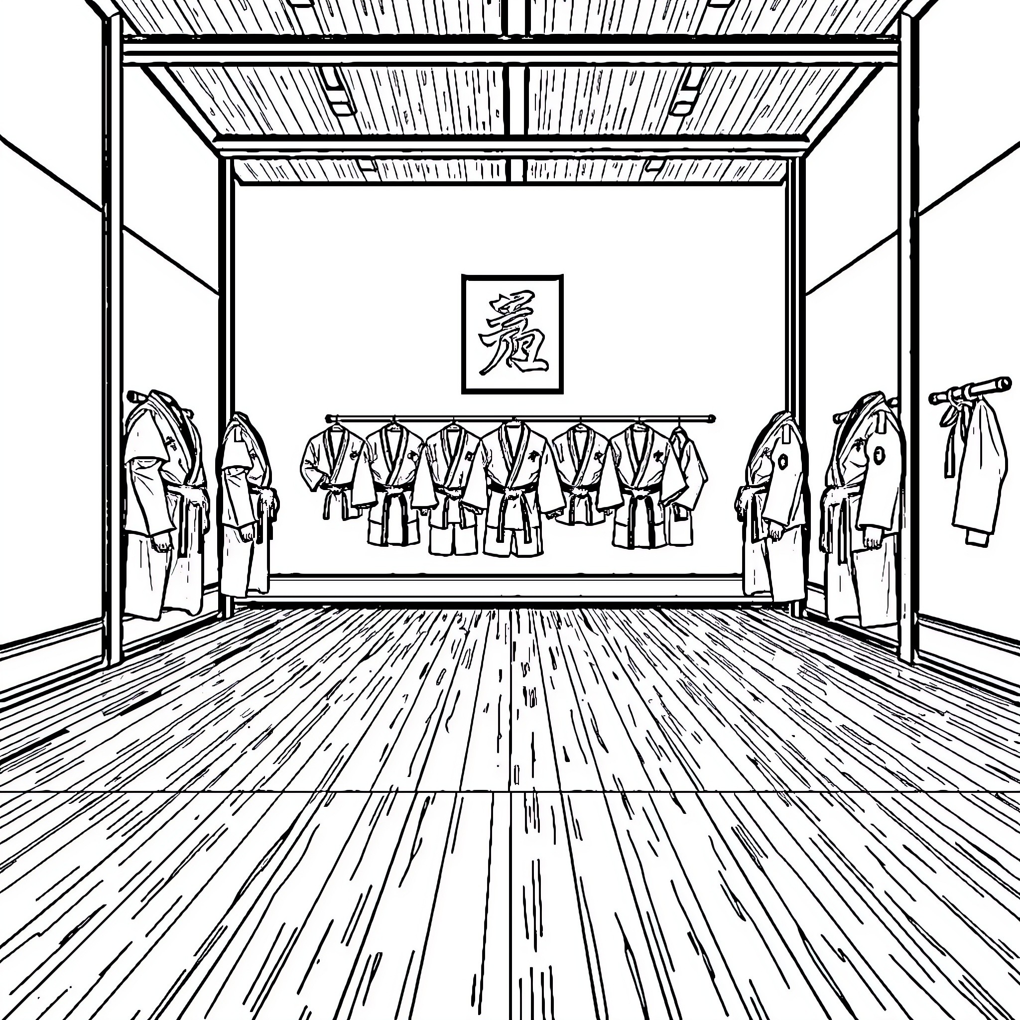 Karate Dojo with Uniformed Practitioners Coloring Page (free black-and-white line drawing printable PDF for all, from beginners to advanced learners, including children, teens, adults, and seniors)