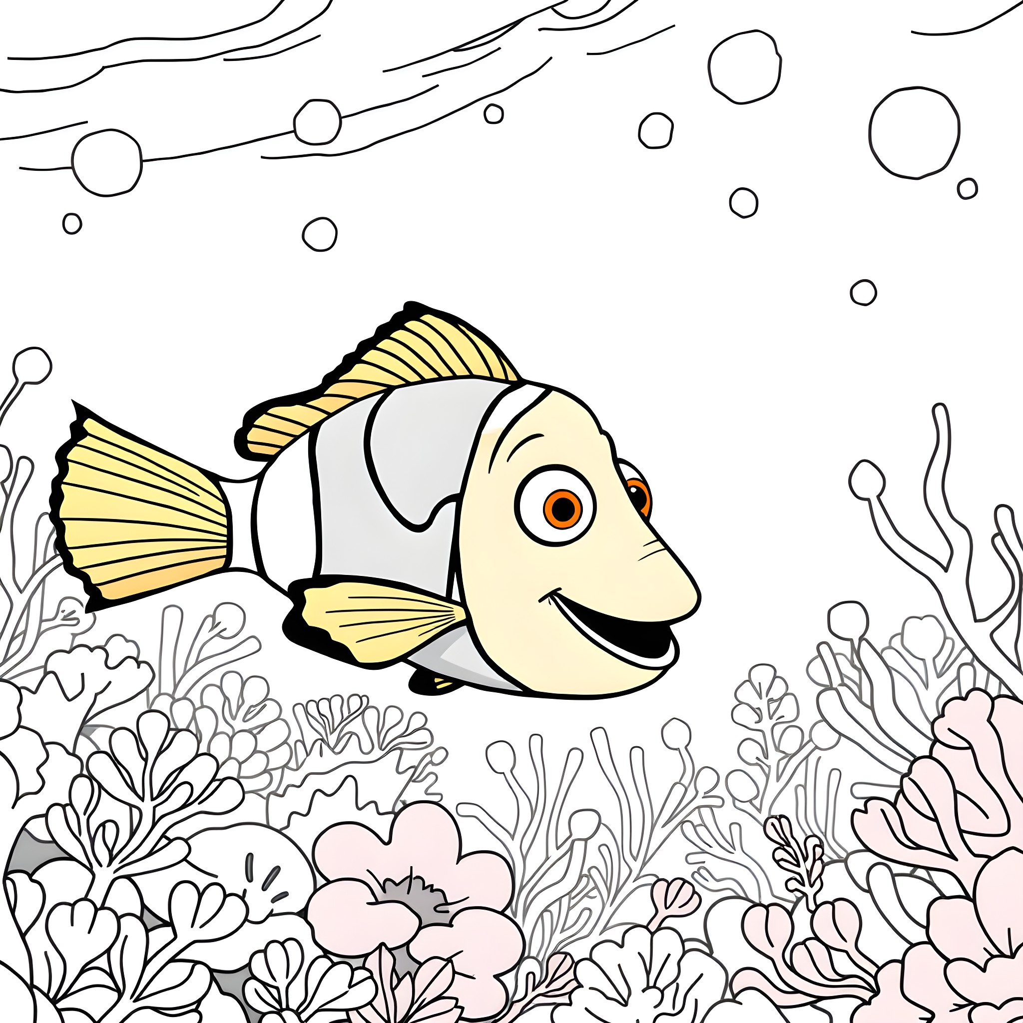 Nemo exploring the underwater coral reef Coloring Page (free black-and-white line drawing printable PDF for all, from beginners to advanced learners, including children, teens, adults, and seniors)