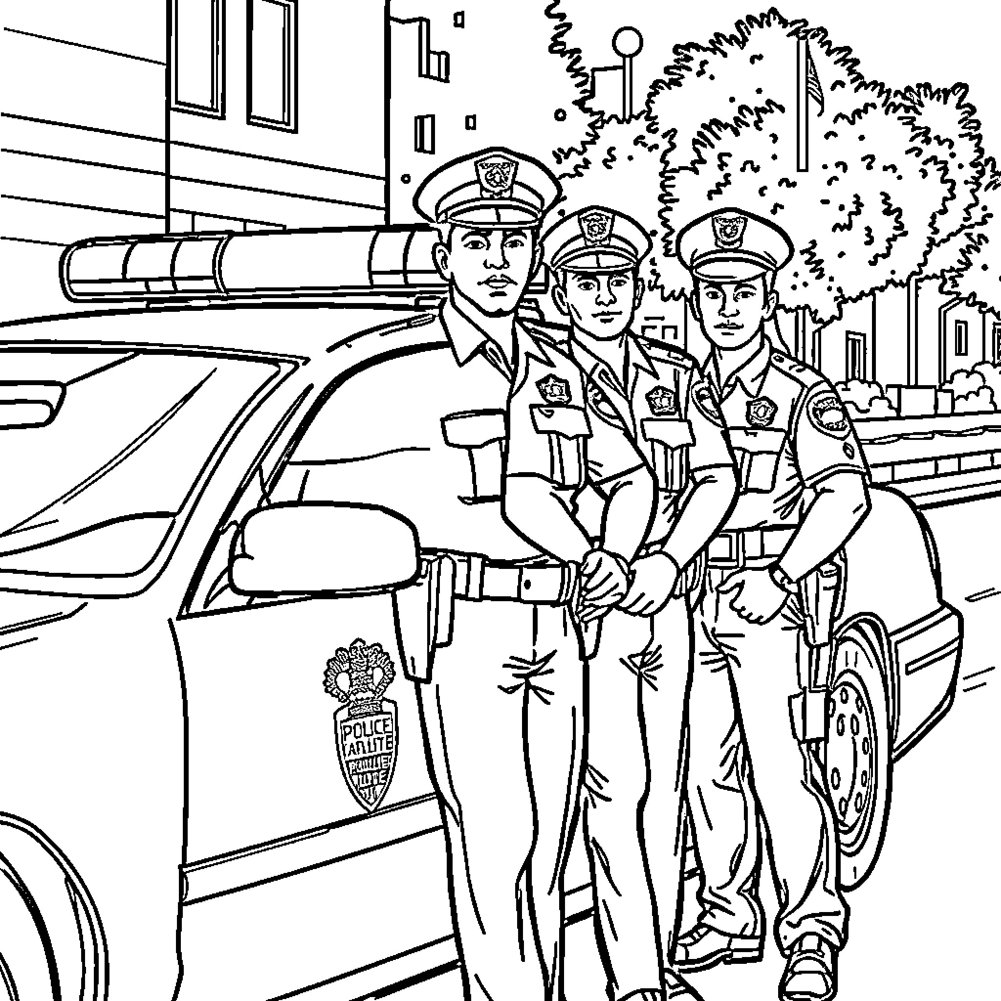 Police Officers Patrolling the Streets Coloring Page (free black-and-white line drawing printable PDF for all, from beginners to advanced learners, including children, teens, adults, and seniors)