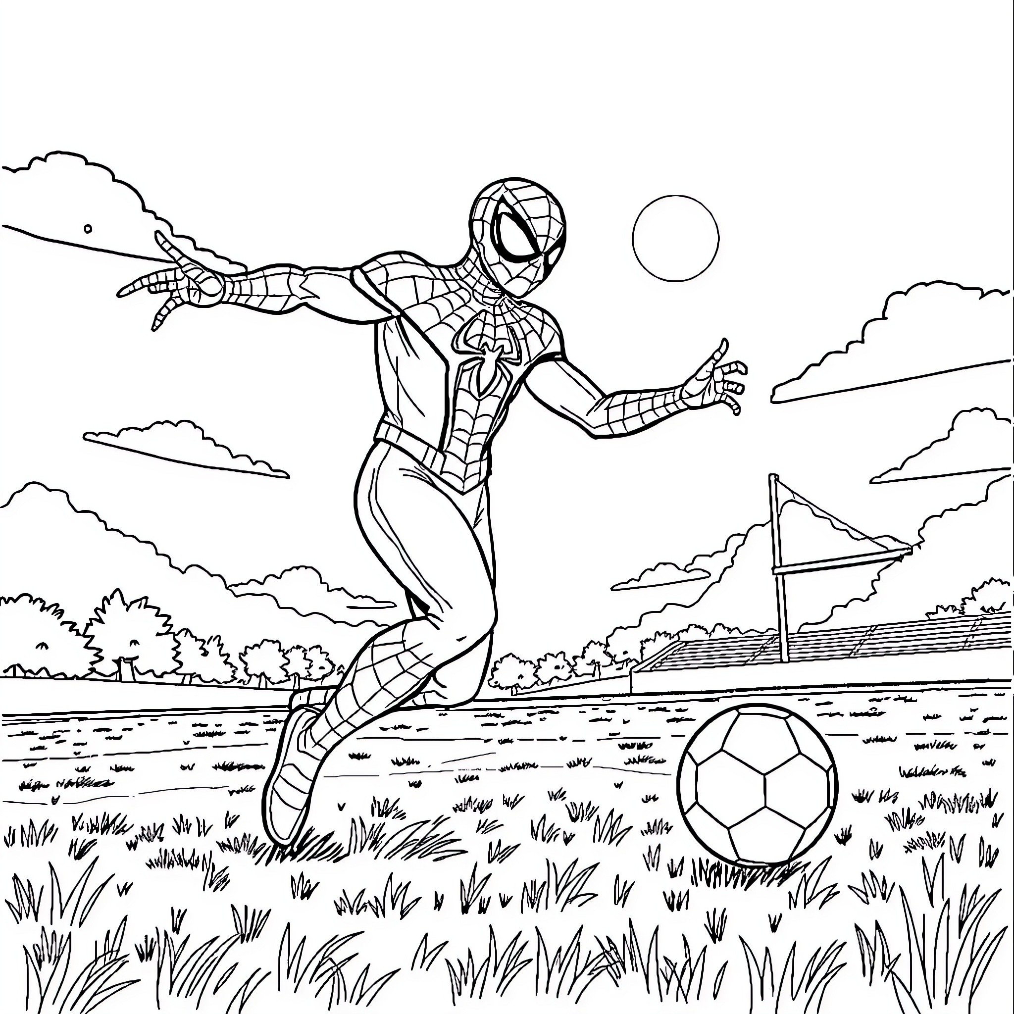 Spidey kicks soccer ball in scenic outdoor setting Coloring Page (free black-and-white line drawing printable PDF for all, from beginners to advanced learners, including children, teens, adults, and seniors)