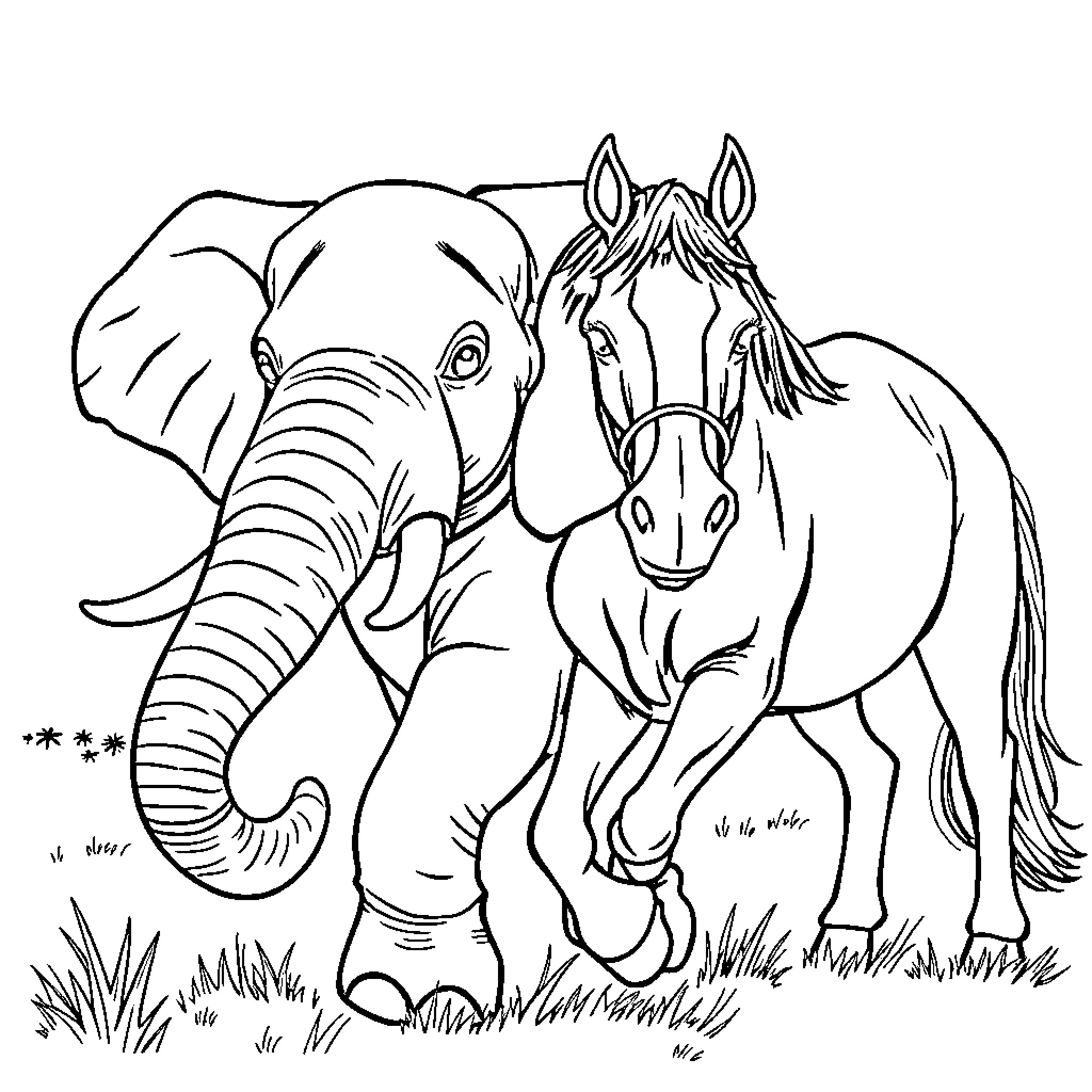 Elephant and Horse Interacting Outdoors Coloring Page (free black-and-white line drawing printable PDF for all, from beginners to advanced learners, including children, teens, adults, and seniors)