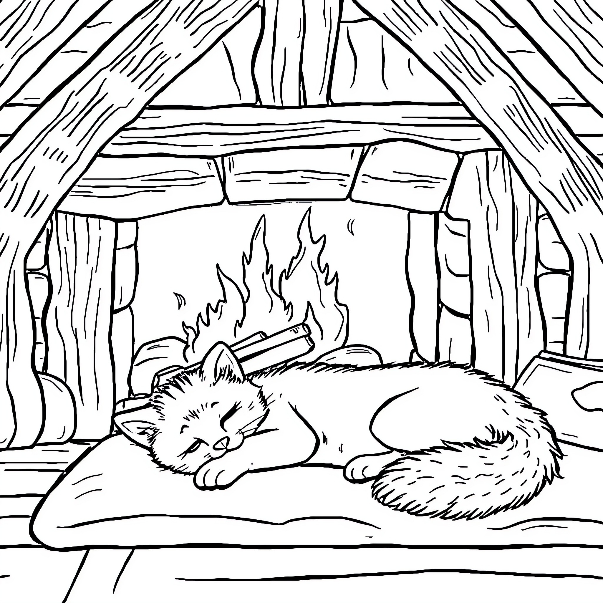 Kitten napping by the cozy fireplace Coloring Page (free black-and-white line drawing printable PDF for all, from beginners to advanced learners, including children, teens, adults, and seniors)