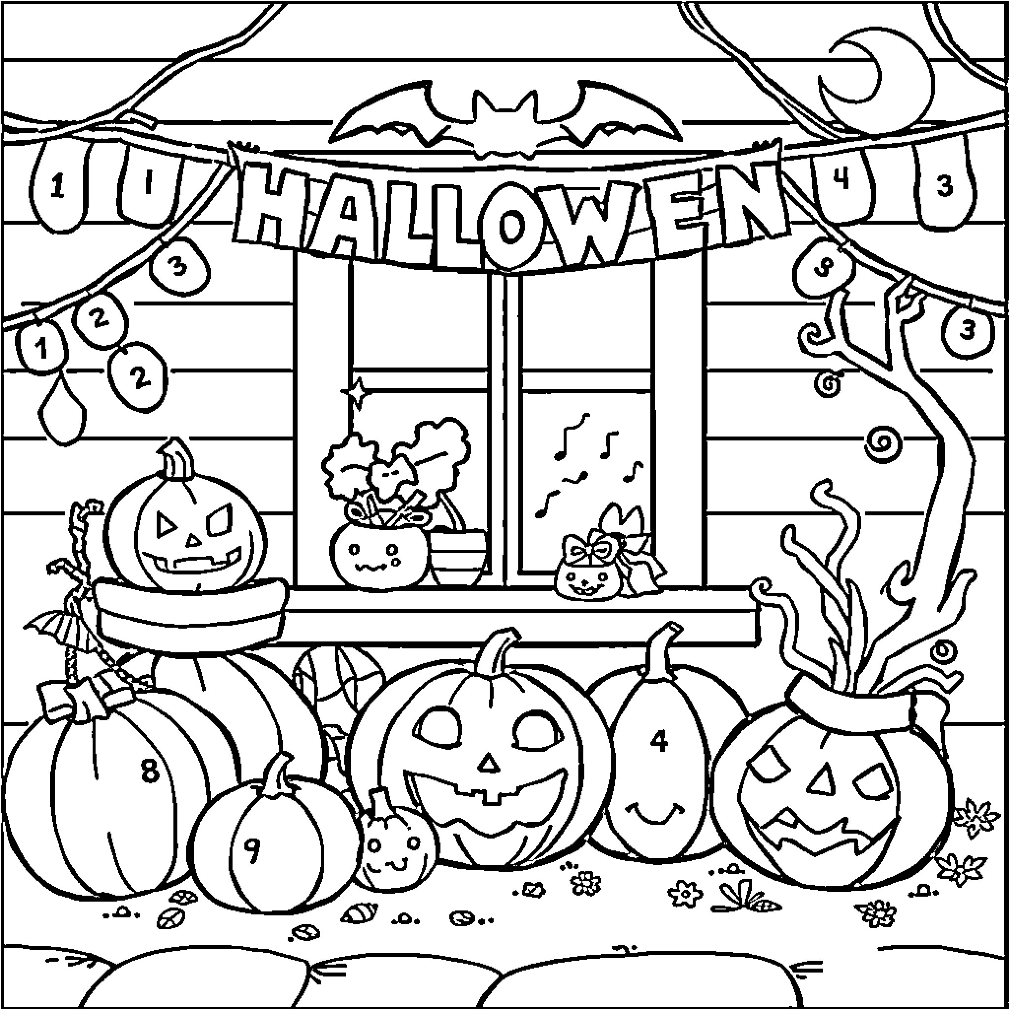 Halloween decorations and jack-o'-lanterns in the window Coloring Page (free black-and-white line drawing printable PDF for all, from beginners to advanced learners, including children, teens, adults, and seniors)