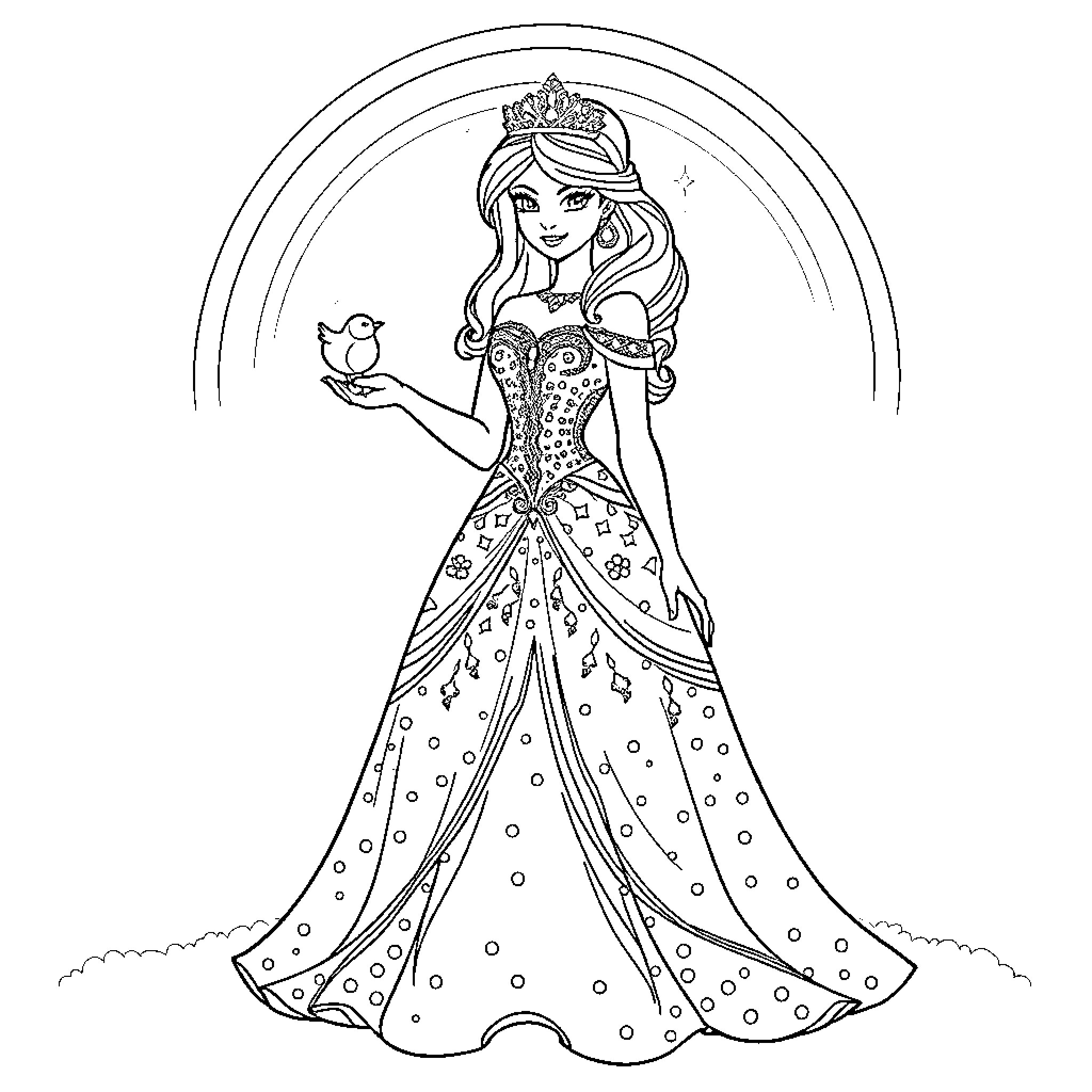 Princess in Elegant Ballgown with Bird Companion Coloring Page (free black-and-white line drawing printable PDF for all, from beginners to advanced learners, including children, teens, adults, and seniors)