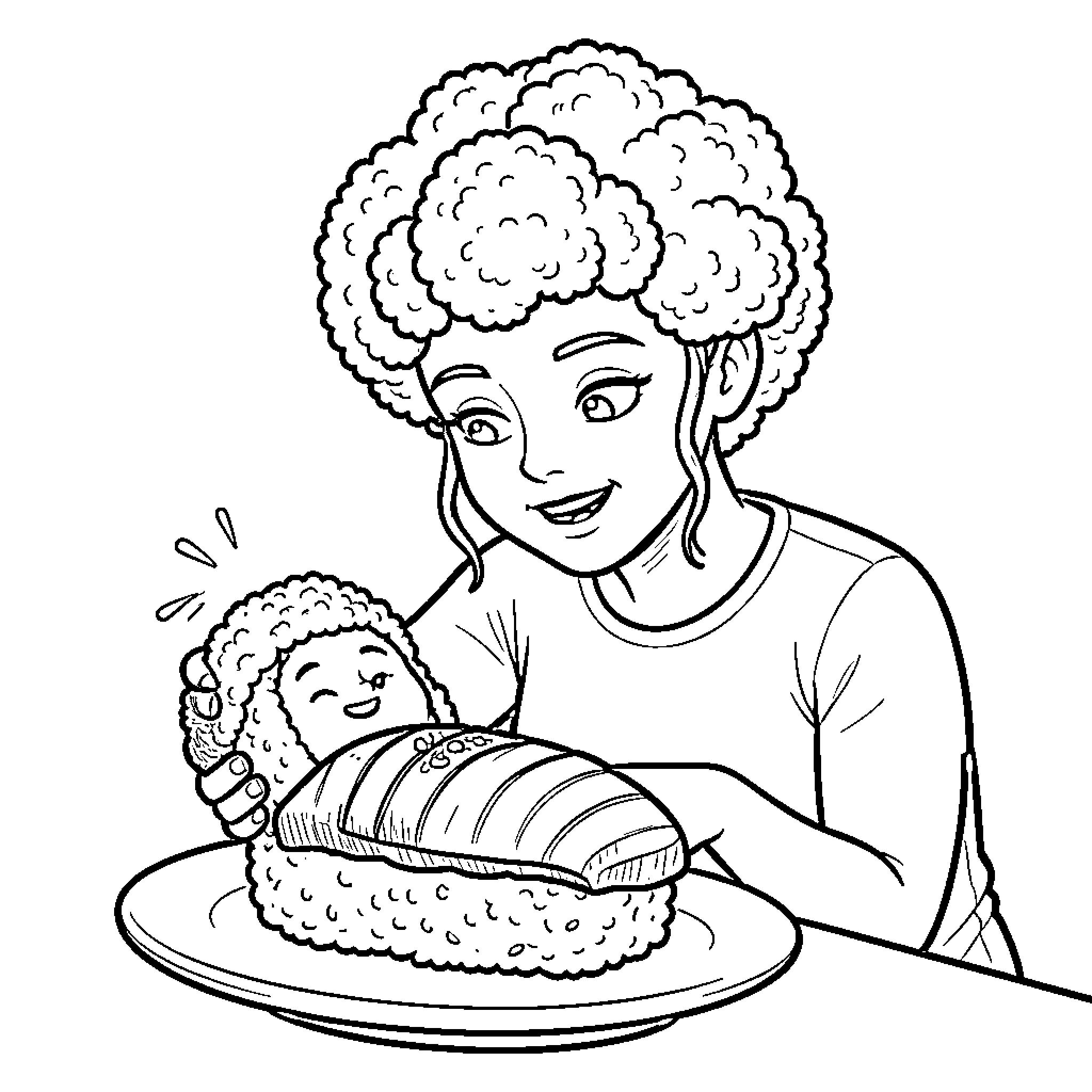 Maman smiling while serving delicious sushi to someone Coloring Page (free black-and-white line drawing printable PDF for all, from beginners to advanced learners, including children, teens, adults, and seniors)