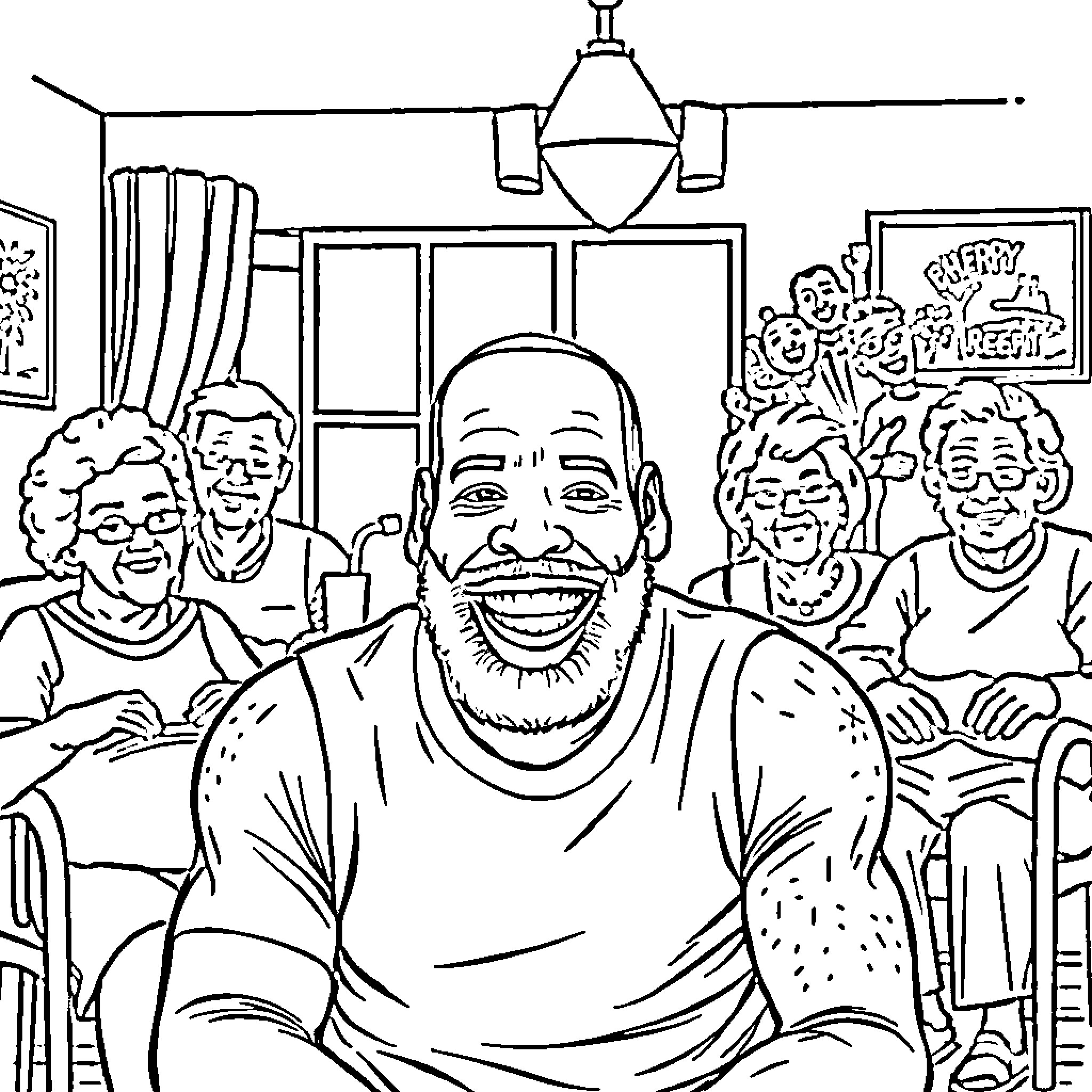 LeBron James having a joyful gathering with friends Coloring Page (free black-and-white line drawing printable PDF for all, from beginners to advanced learners, including children, teens, adults, and seniors)