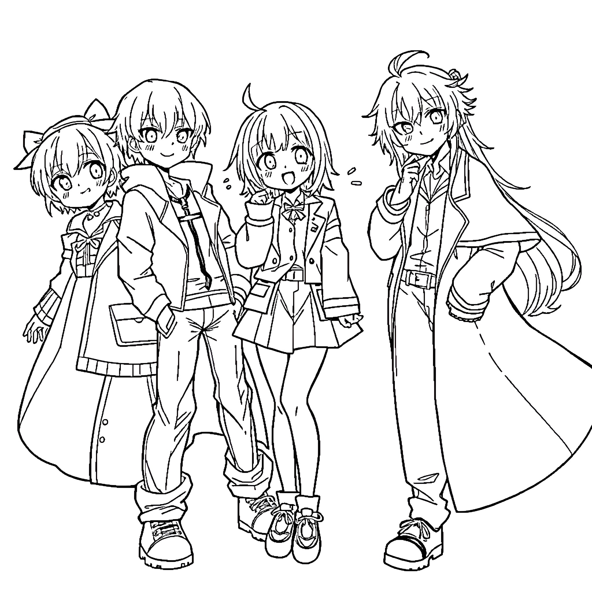 Anime Characters in Casual and Stylish Outfits Coloring Page (free black-and-white line drawing printable PDF for all, from beginners to advanced learners, including children, teens, adults, and seniors)