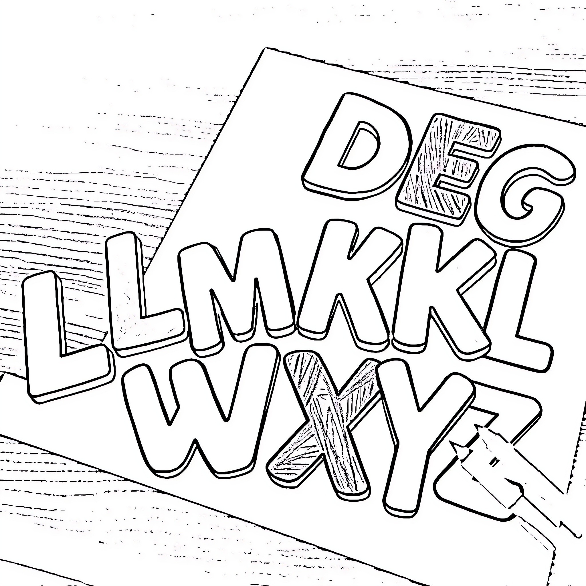Alphabet Doodle with Wooden Texture Coloring Page (free black-and-white line drawing printable PDF for all, from beginners to advanced learners, including children, teens, adults, and seniors)