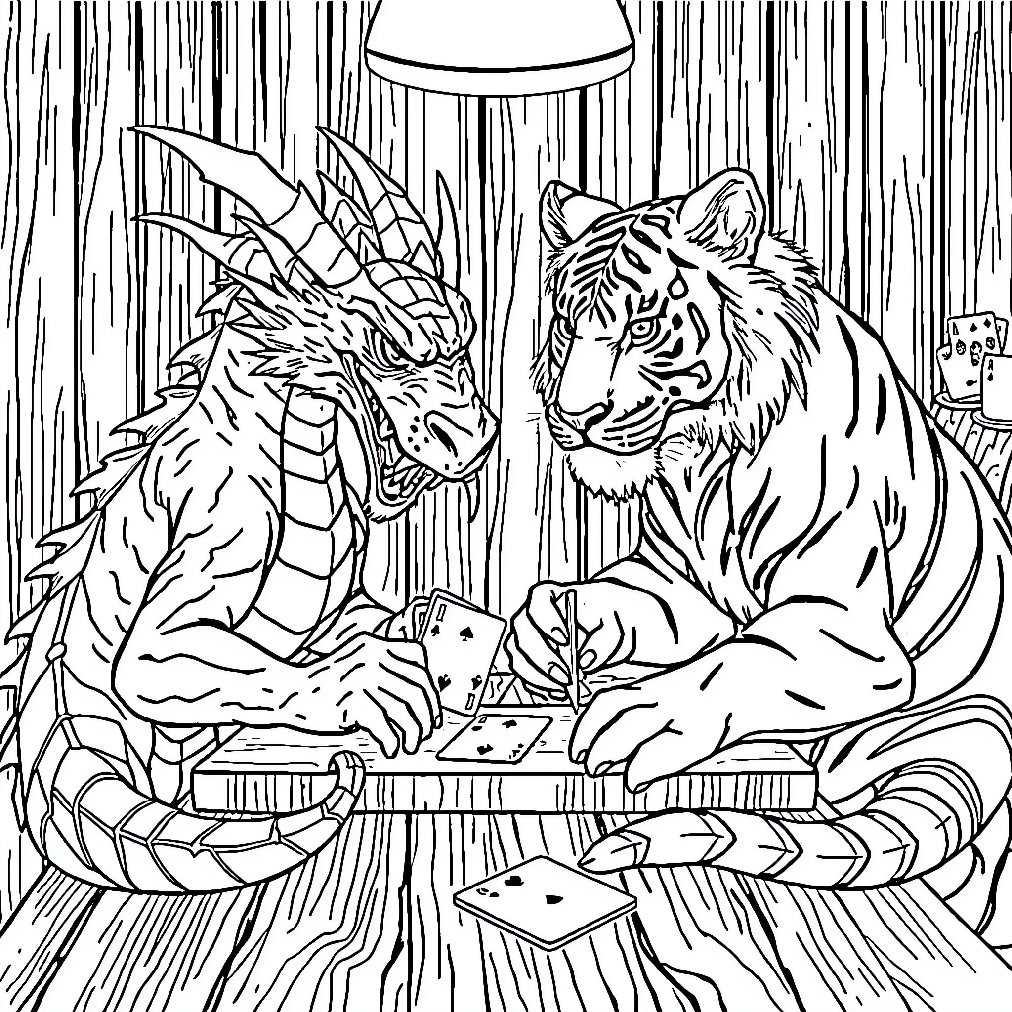 Dragon and Tiger Playing Cards in Mystic Forest Coloring Page (free black-and-white line drawing printable PDF for all, from beginners to advanced learners, including children, teens, adults, and seniors)