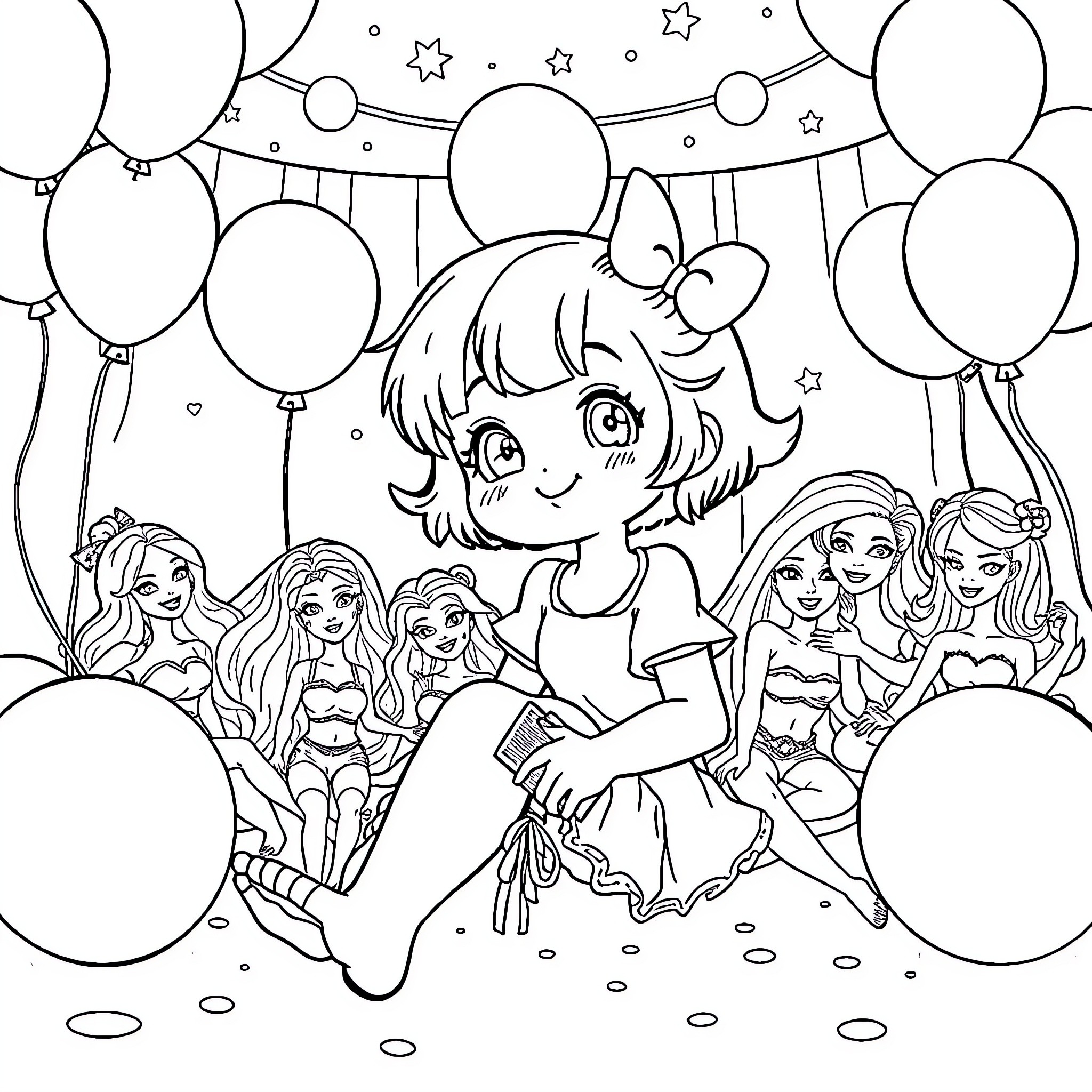 Deku enjoying a party with friends and balloons Coloring Page (free black-and-white line drawing printable PDF for all, from beginners to advanced learners, including children, teens, adults, and seniors)