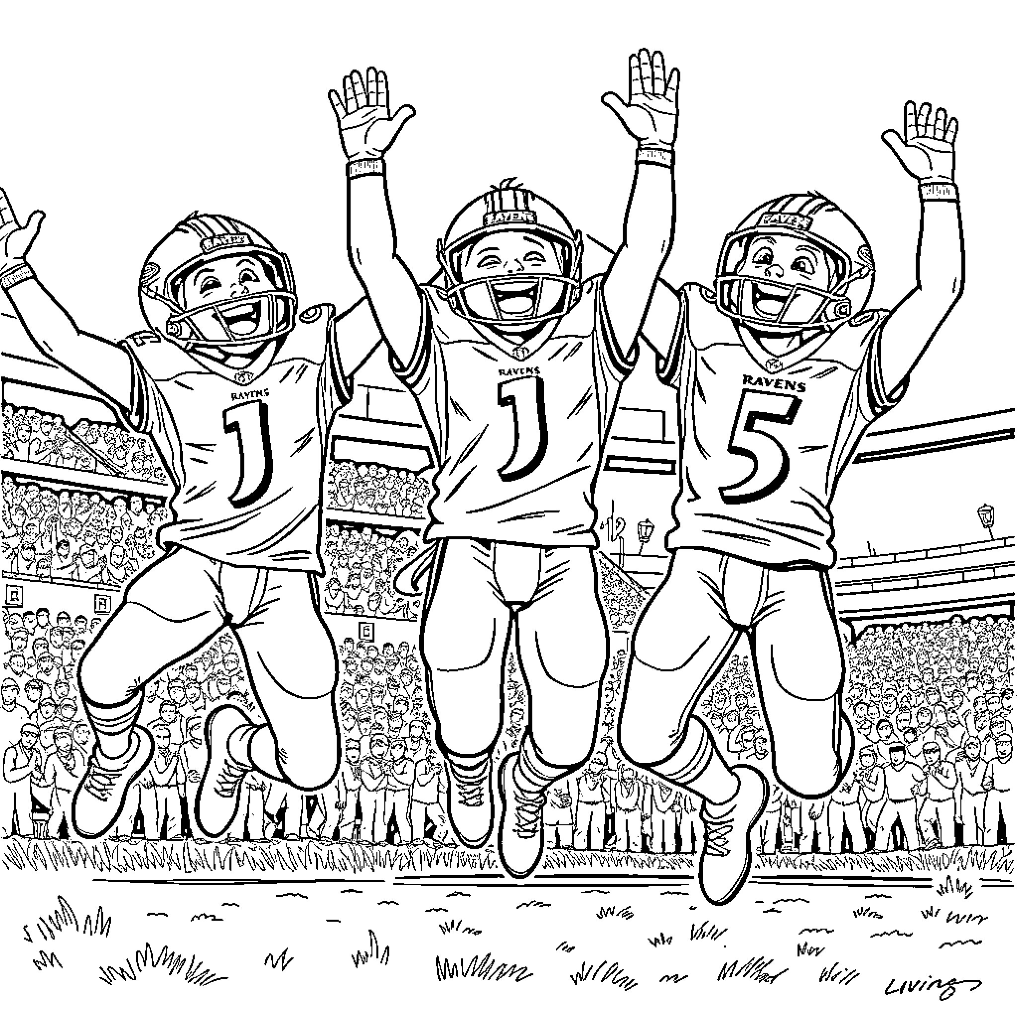Players celebrating touchdown in football stadium Coloring Page (free black-and-white line drawing printable PDF for all, from beginners to advanced learners, including children, teens, adults, and seniors)