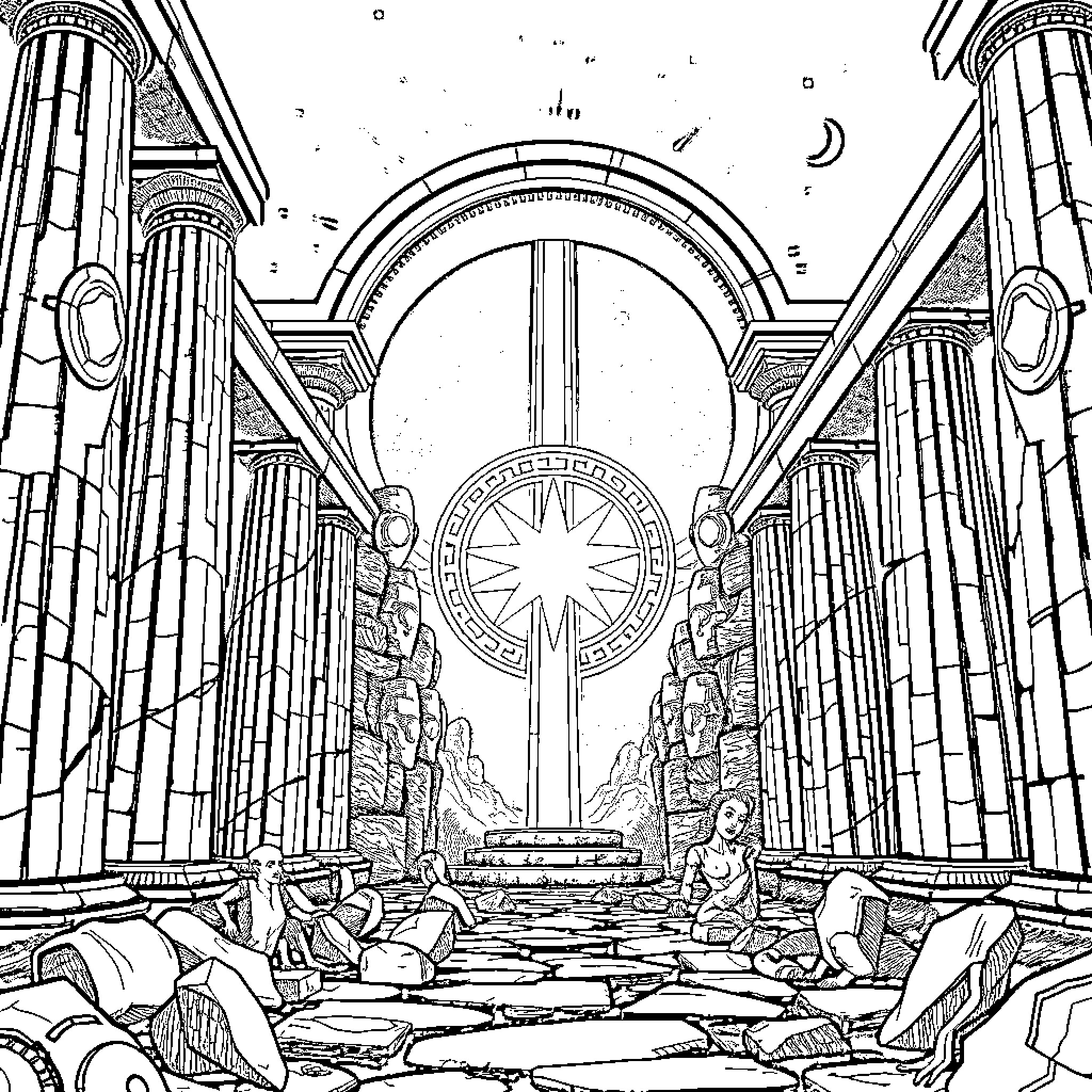 Alien Arrival at Galactic Gate of Wonders Coloring Page (free black-and-white line drawing printable PDF for all, from beginners to advanced learners, including children, teens, adults, and seniors)