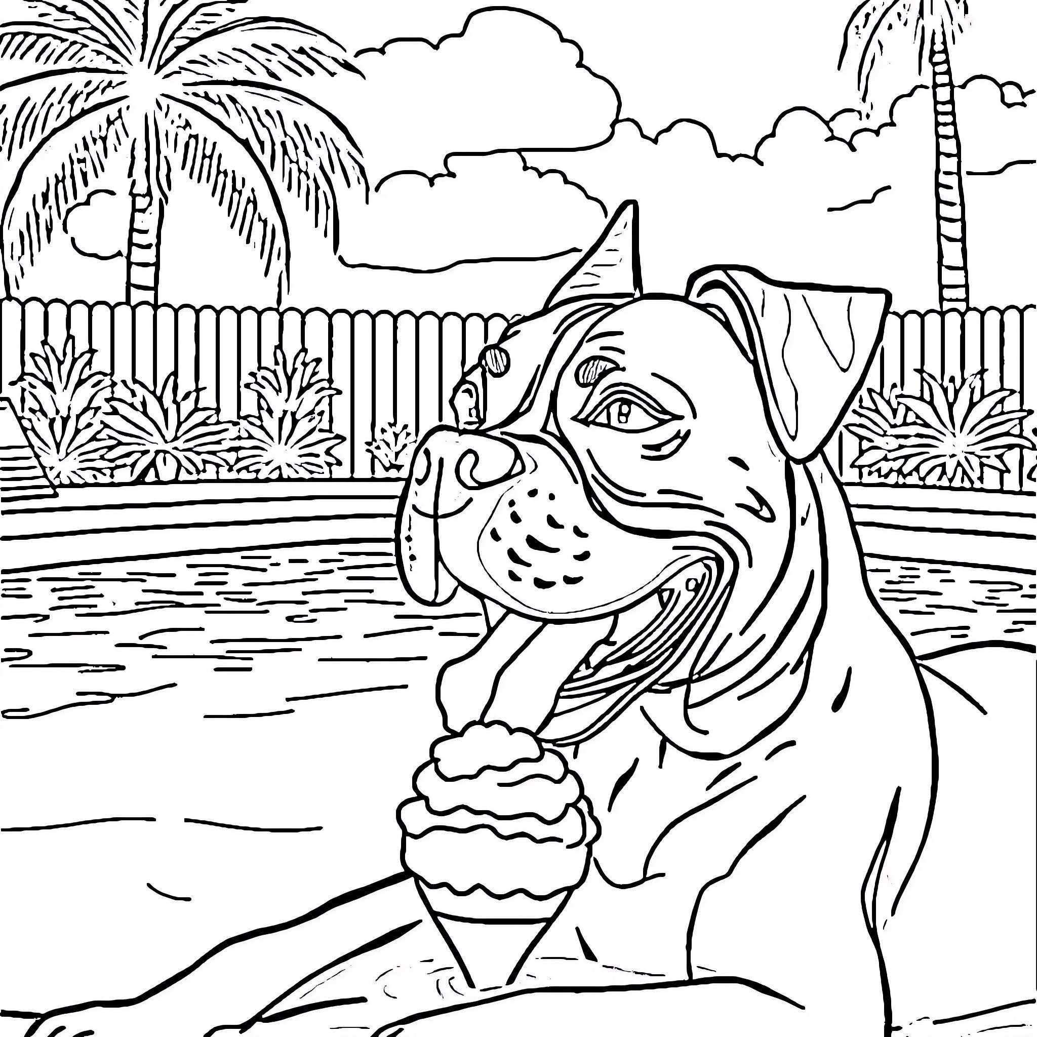 Boxer Dog enjoying an ice cream by the pool Coloring Page (free black-and-white line drawing printable PDF for all, from beginners to advanced learners, including children, teens, adults, and seniors)
