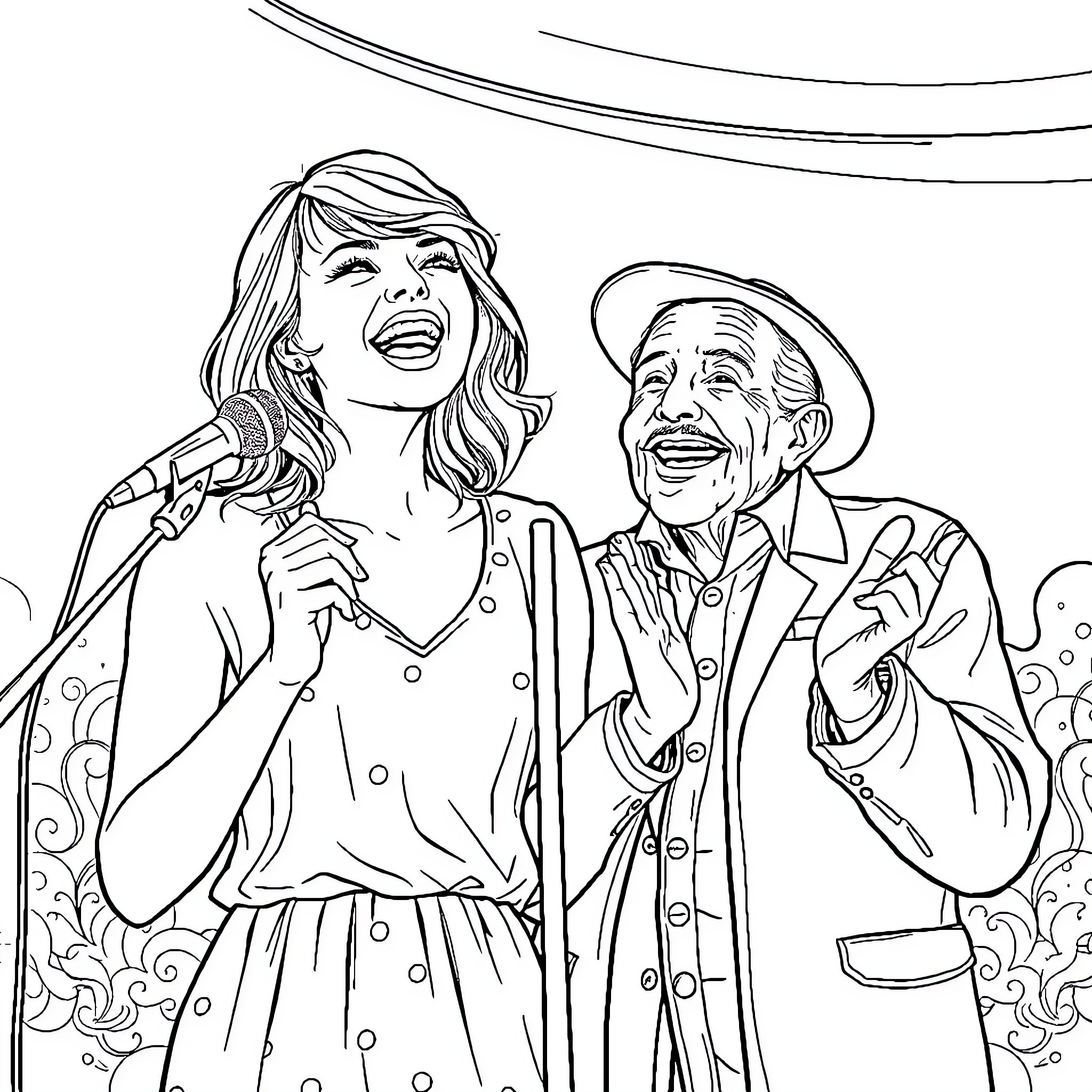 Taylor Swift singing with an older man on stage Coloring Page (free black-and-white line drawing printable PDF for all, from beginners to advanced learners, including children, teens, adults, and seniors)