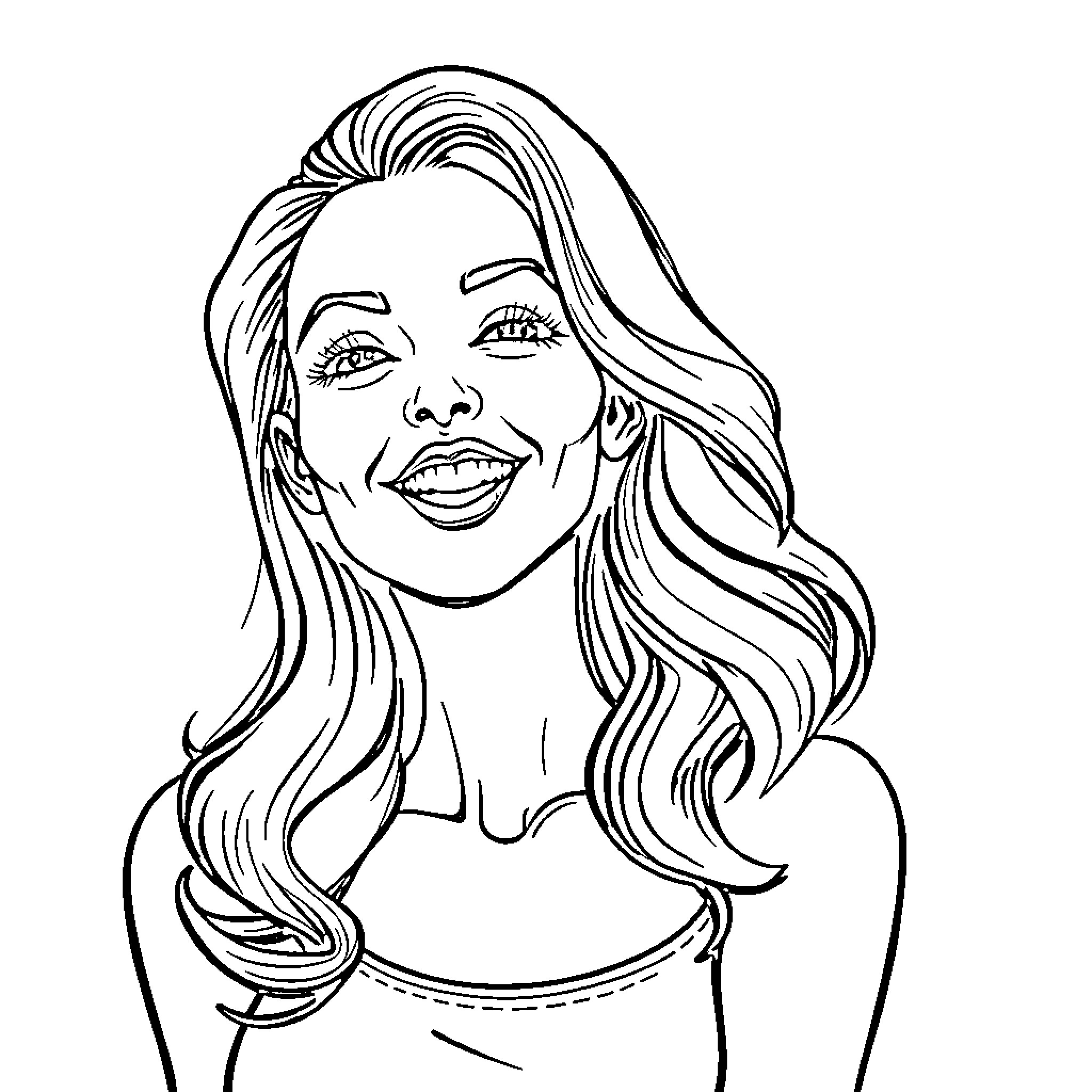 Wife's Joyful Expression and Wavy Hair Coloring Page (free black-and-white line drawing printable PDF for all, from beginners to advanced learners, including children, teens, adults, and seniors)