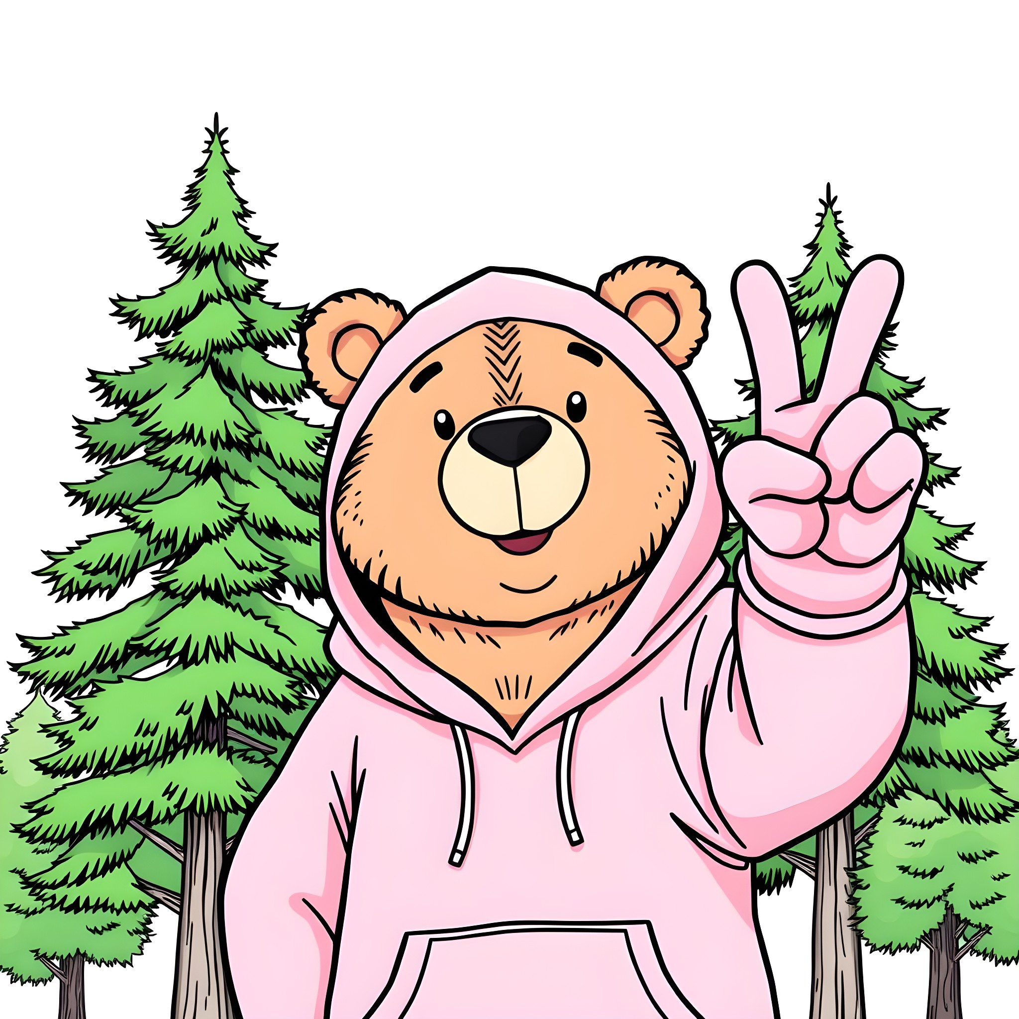 Bear in a Hoodie Giving a Peace Sign in the Forest Coloring Page (free black-and-white line drawing printable PDF for all, from beginners to advanced learners, including children, teens, adults, and seniors)