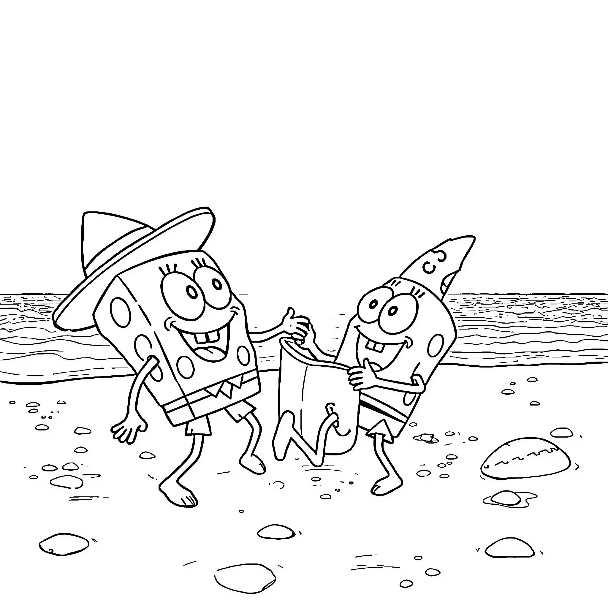Bob esponja and friend having fun on the beach Coloring Page (free black-and-white line drawing printable PDF for all, from beginners to advanced learners, including children, teens, adults, and seniors)