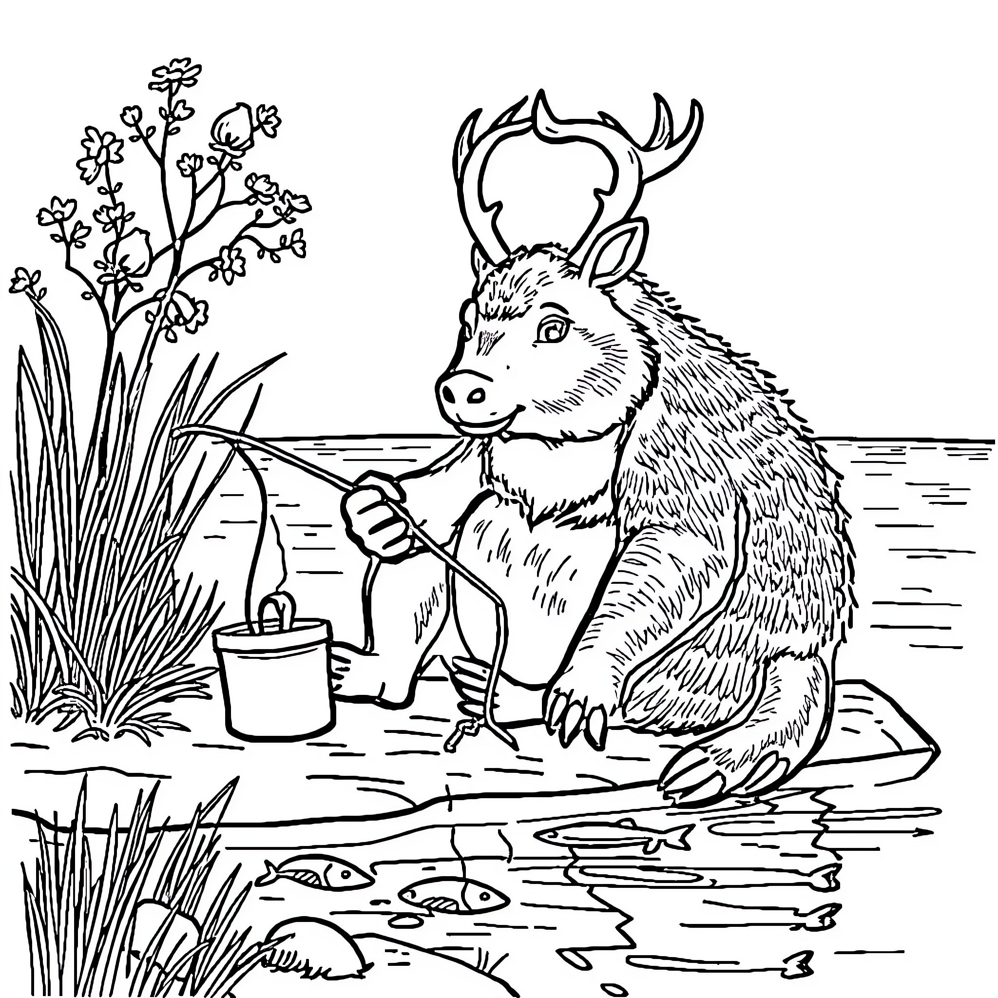 Hedgehog gardening near a pond Coloring Page (free black-and-white line drawing printable PDF for all, from beginners to advanced learners, including children, teens, adults, and seniors)