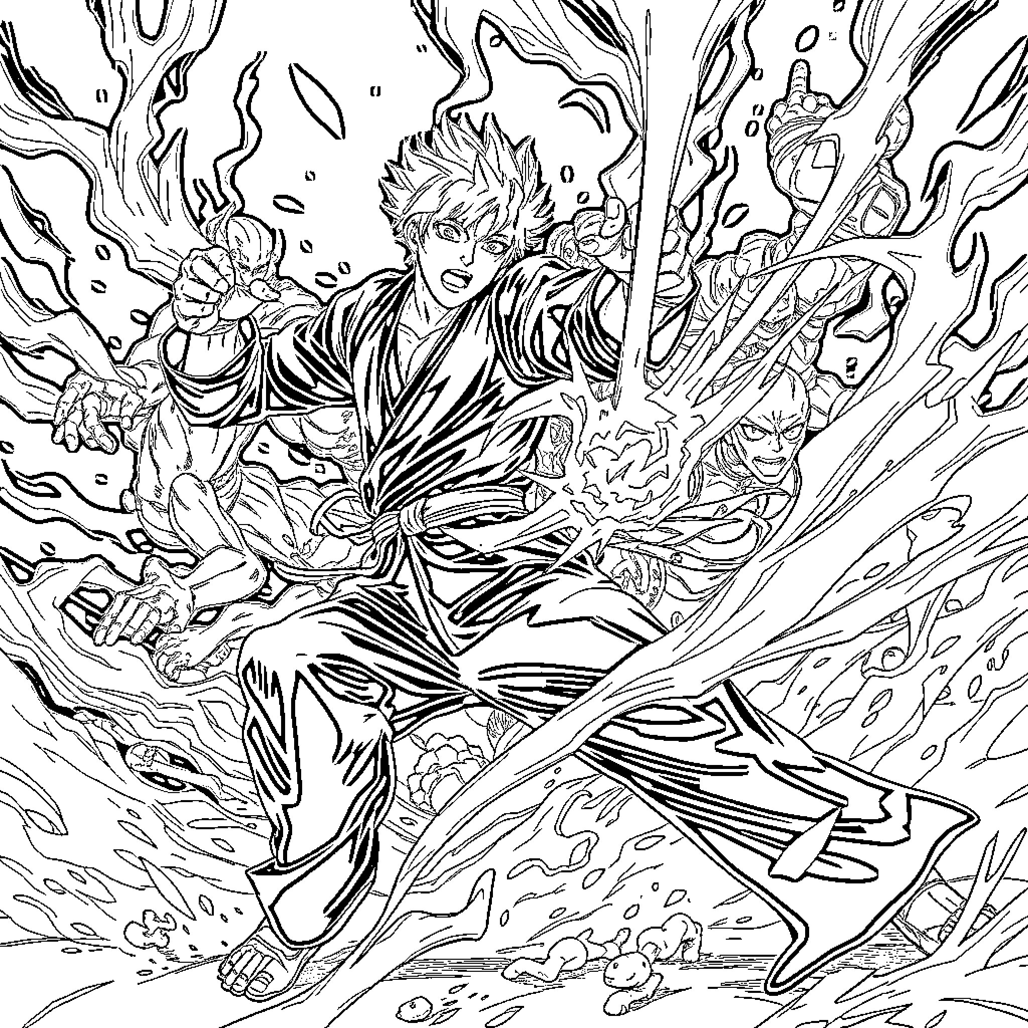 Gojo's Fierce Spiritual Awakening Coloring Page (free black-and-white line drawing printable PDF for all, from beginners to advanced learners, including children, teens, adults, and seniors)