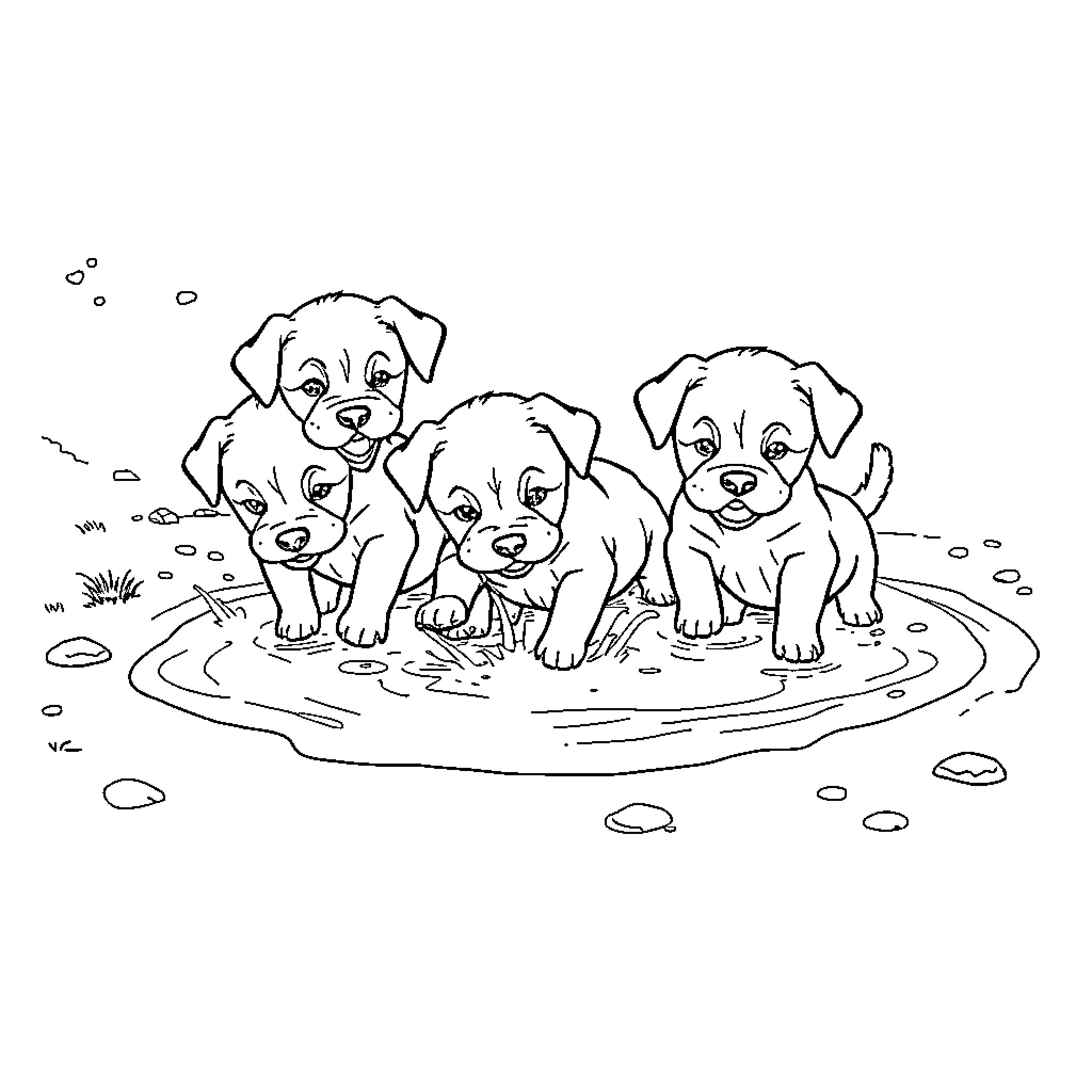 Puppy Pals Playing in the Puddle Coloring Page (free black-and-white line drawing printable PDF for all, from beginners to advanced learners, including children, teens, adults, and seniors)