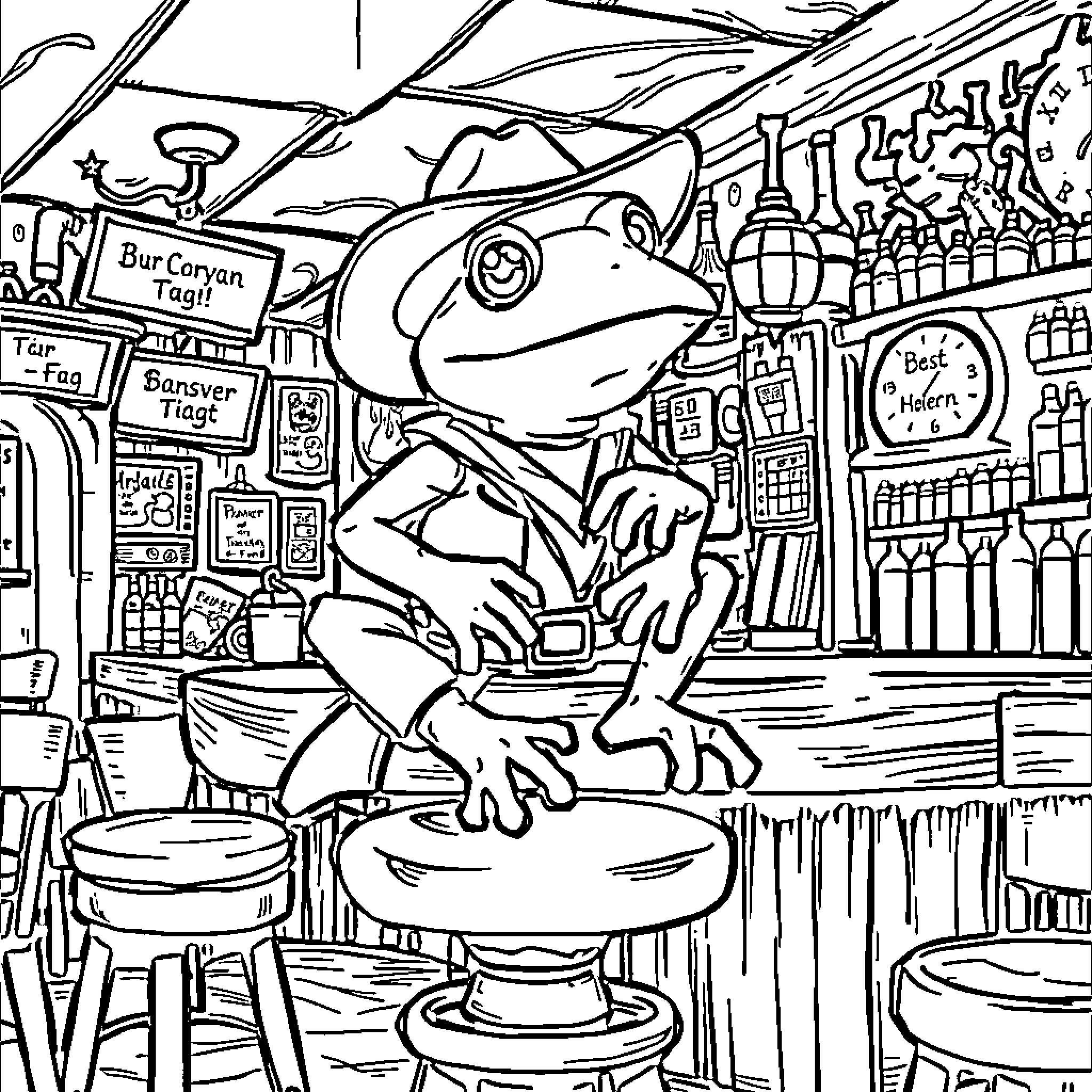 Frog Enjoying a Lively Cafe Scene Coloring Page (free black-and-white line drawing printable PDF for all, from beginners to advanced learners, including children, teens, adults, and seniors)