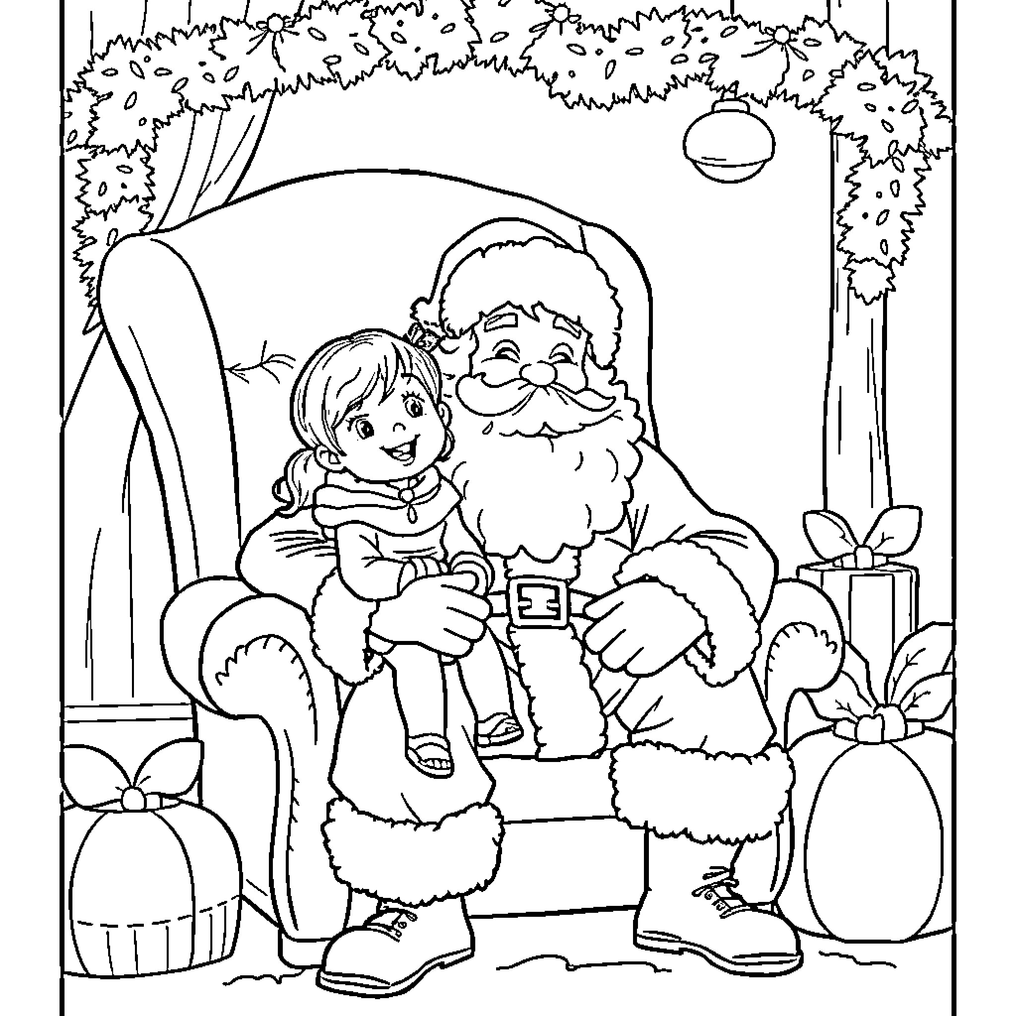 Santa Claus Sharing Gifts with Child in Festive Wonderland Coloring Page (free black-and-white line drawing printable PDF for all, from beginners to advanced learners, including children, teens, adults, and seniors)