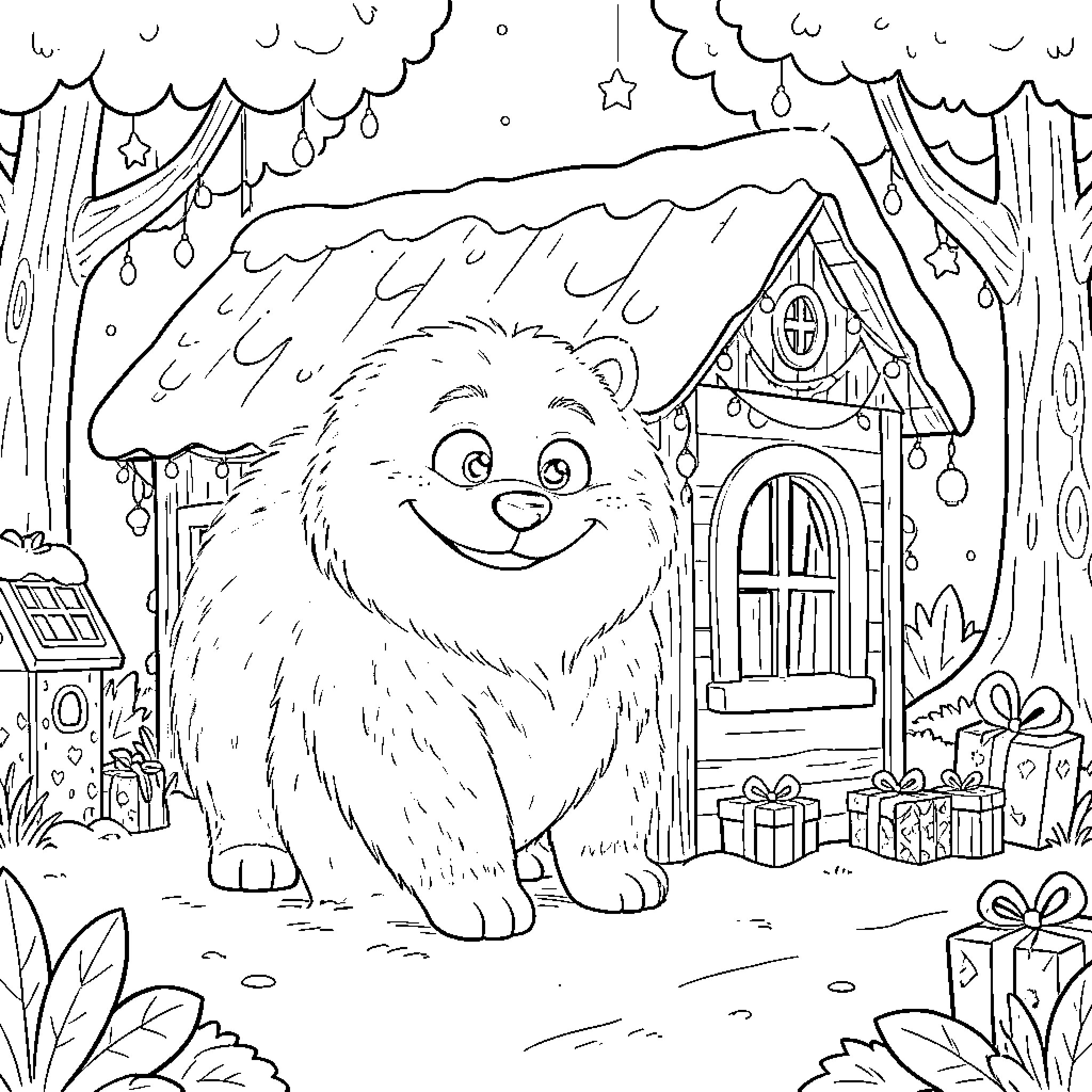 Animation of a smiling bear standing by a cottage Coloring Page (free black-and-white line drawing printable PDF for all, from beginners to advanced learners, including children, teens, adults, and seniors)