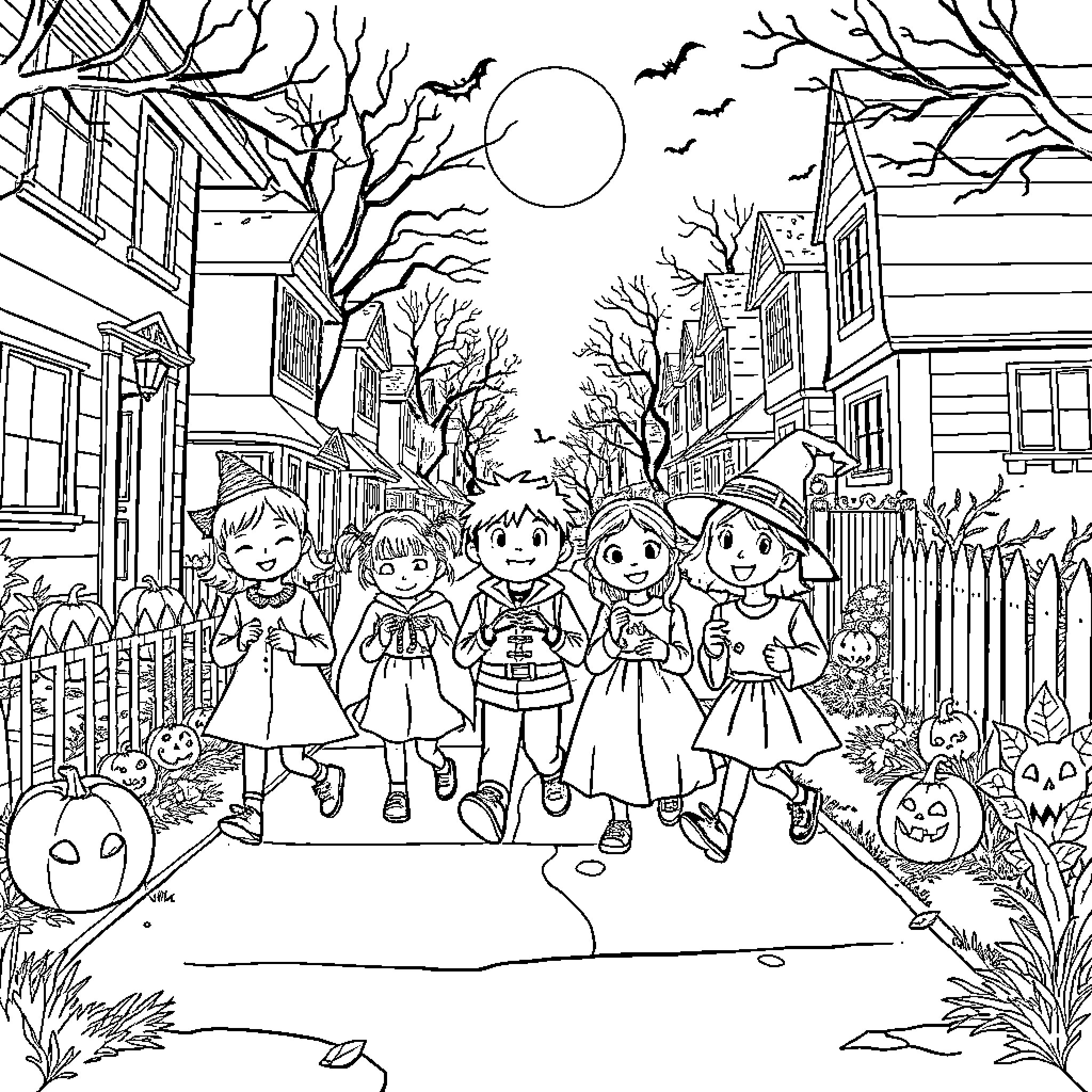Kid group walking down spooky Halloween street Coloring Page (free black-and-white line drawing printable PDF for all, from beginners to advanced learners, including children, teens, adults, and seniors)