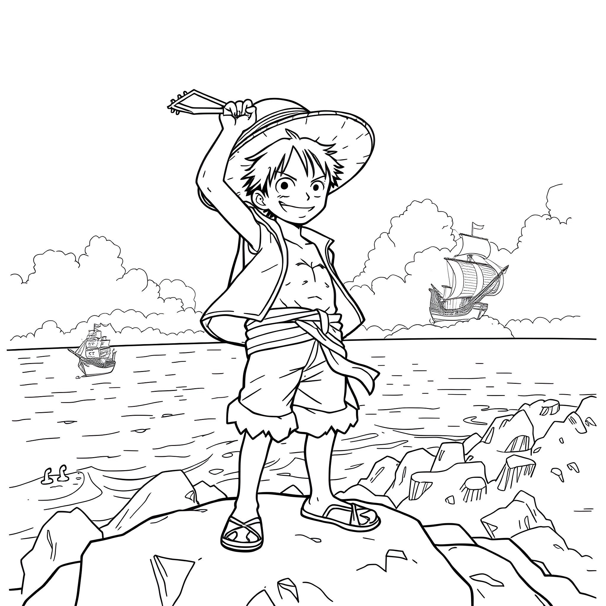 Luffy's Adventurous Journey on the High Seas Coloring Page (free black-and-white line drawing printable PDF for all, from beginners to advanced learners, including children, teens, adults, and seniors)