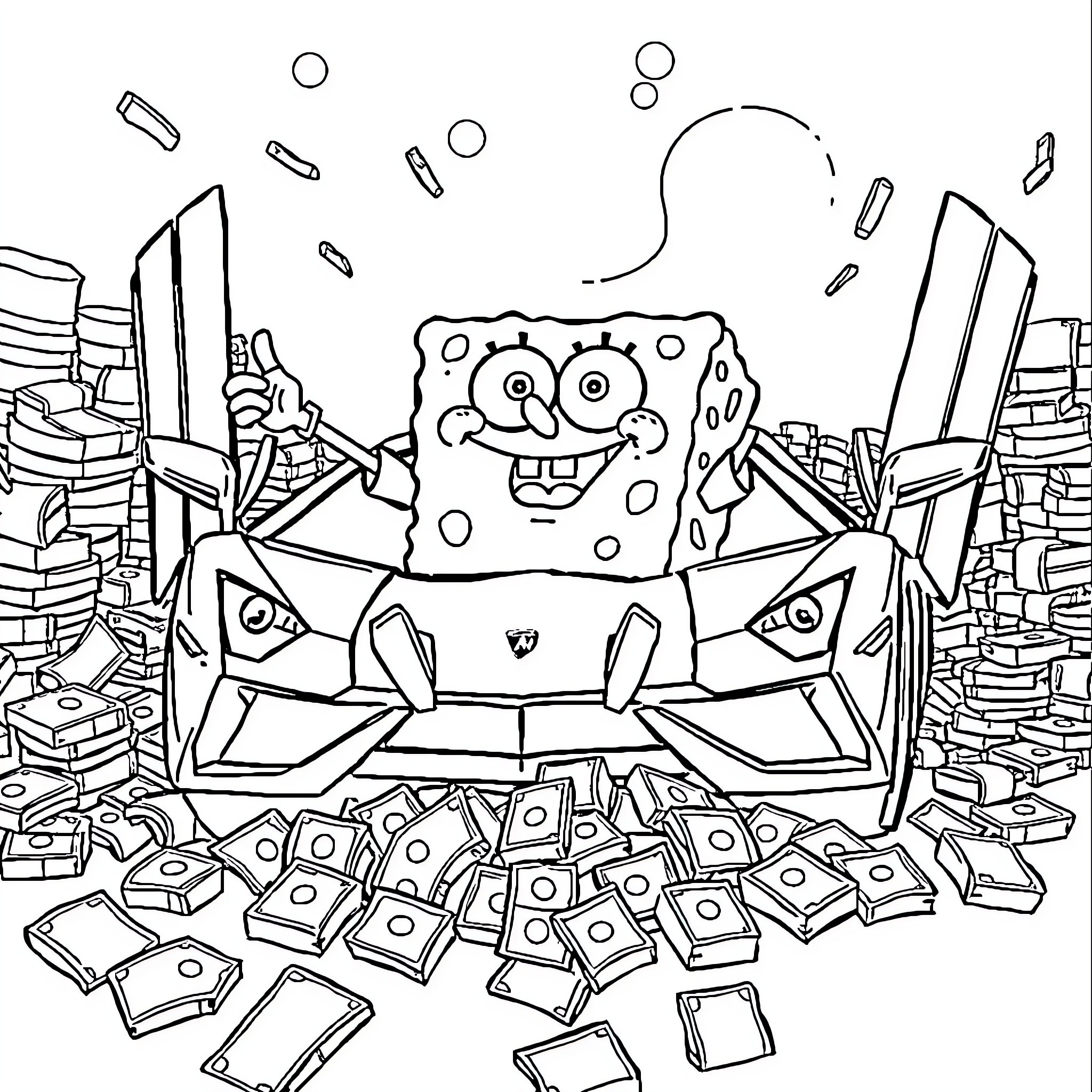 Spongebob surrounded by chaotic objects and shapes Coloring Page (free black-and-white line drawing printable PDF for all, from beginners to advanced learners, including children, teens, adults, and seniors)