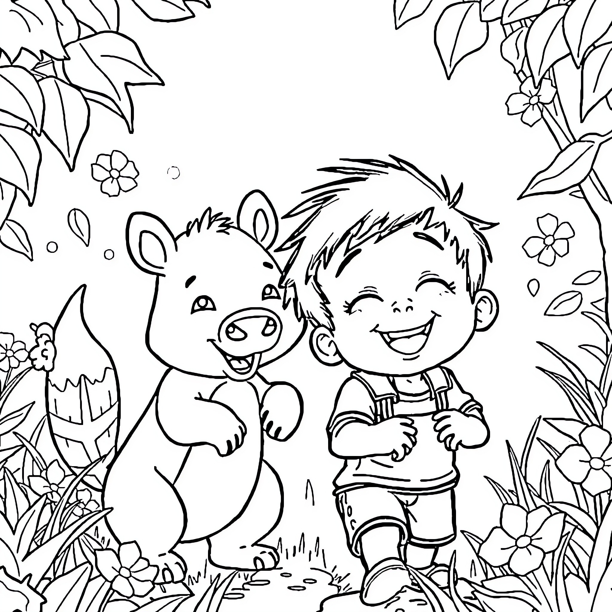 Child playing happily with cute animal in nature Coloring Page (free black-and-white line drawing printable PDF for all, from beginners to advanced learners, including children, teens, adults, and seniors)