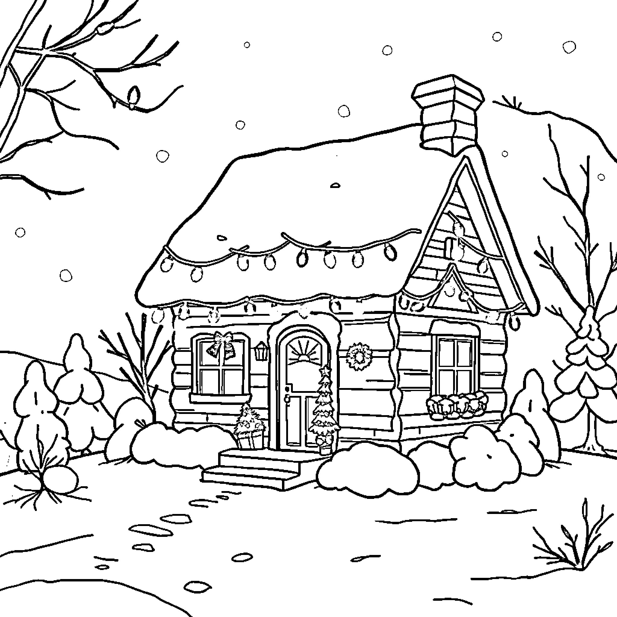 House in a Snowy Winter Wonderland Coloring Page (free black-and-white line drawing printable PDF for all, from beginners to advanced learners, including children, teens, adults, and seniors)
