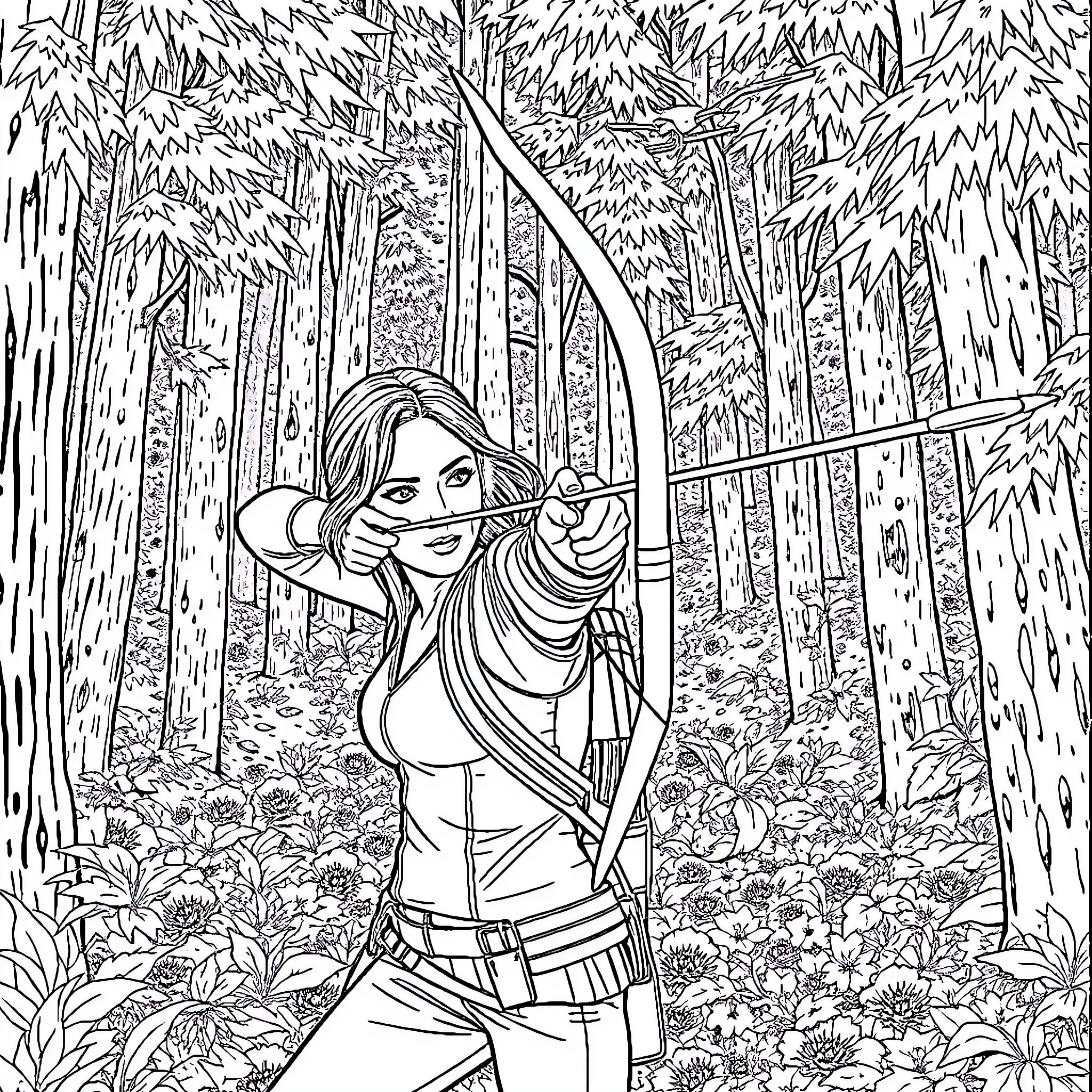 Katniss in the Wilderness, Bow Raised and Ready Coloring Page (free black-and-white line drawing printable PDF for all, from beginners to advanced learners, including children, teens, adults, and seniors)