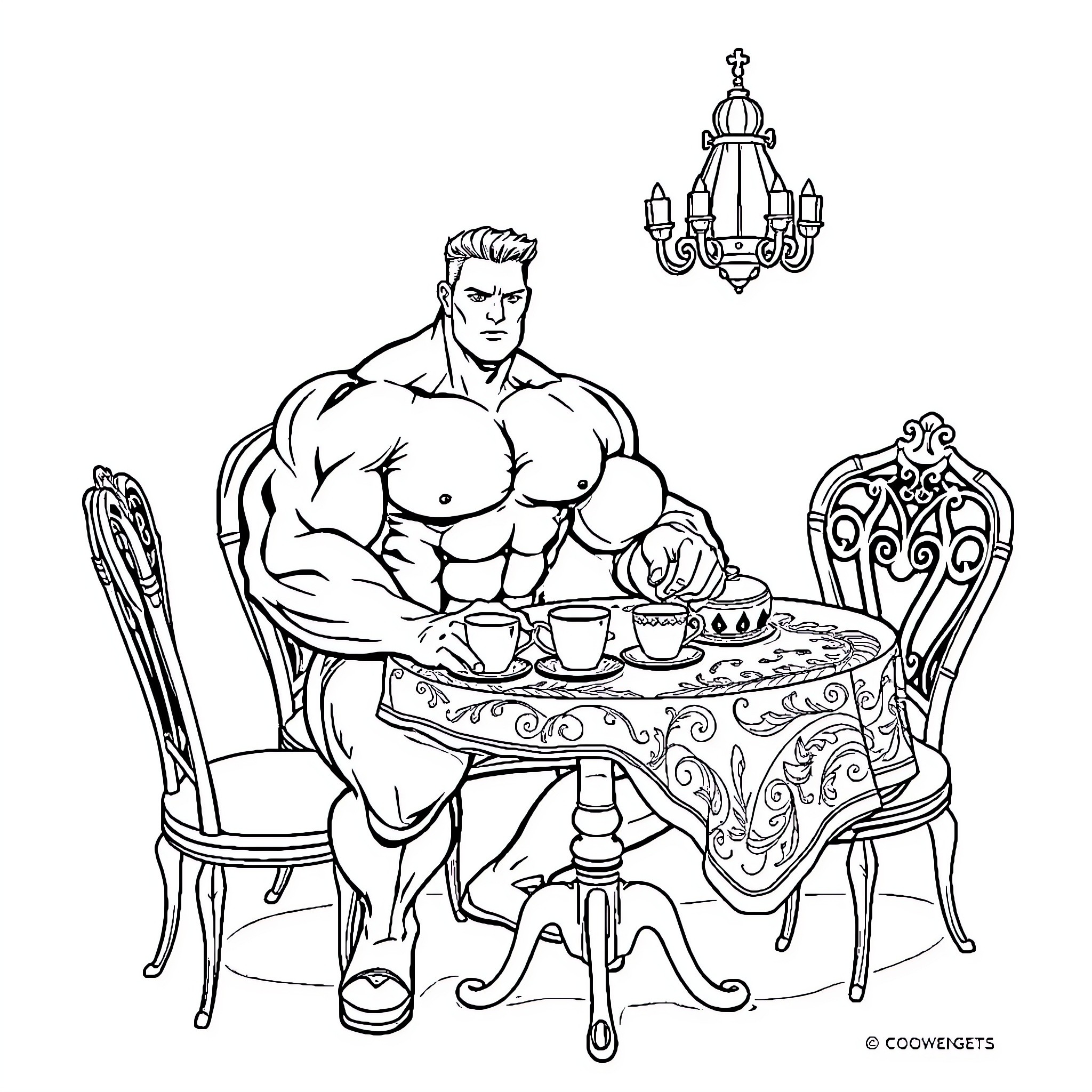 Bodybuilder enjoying a relaxing tea break Coloring Page (free black-and-white line drawing printable PDF for all, from beginners to advanced learners, including children, teens, adults, and seniors)