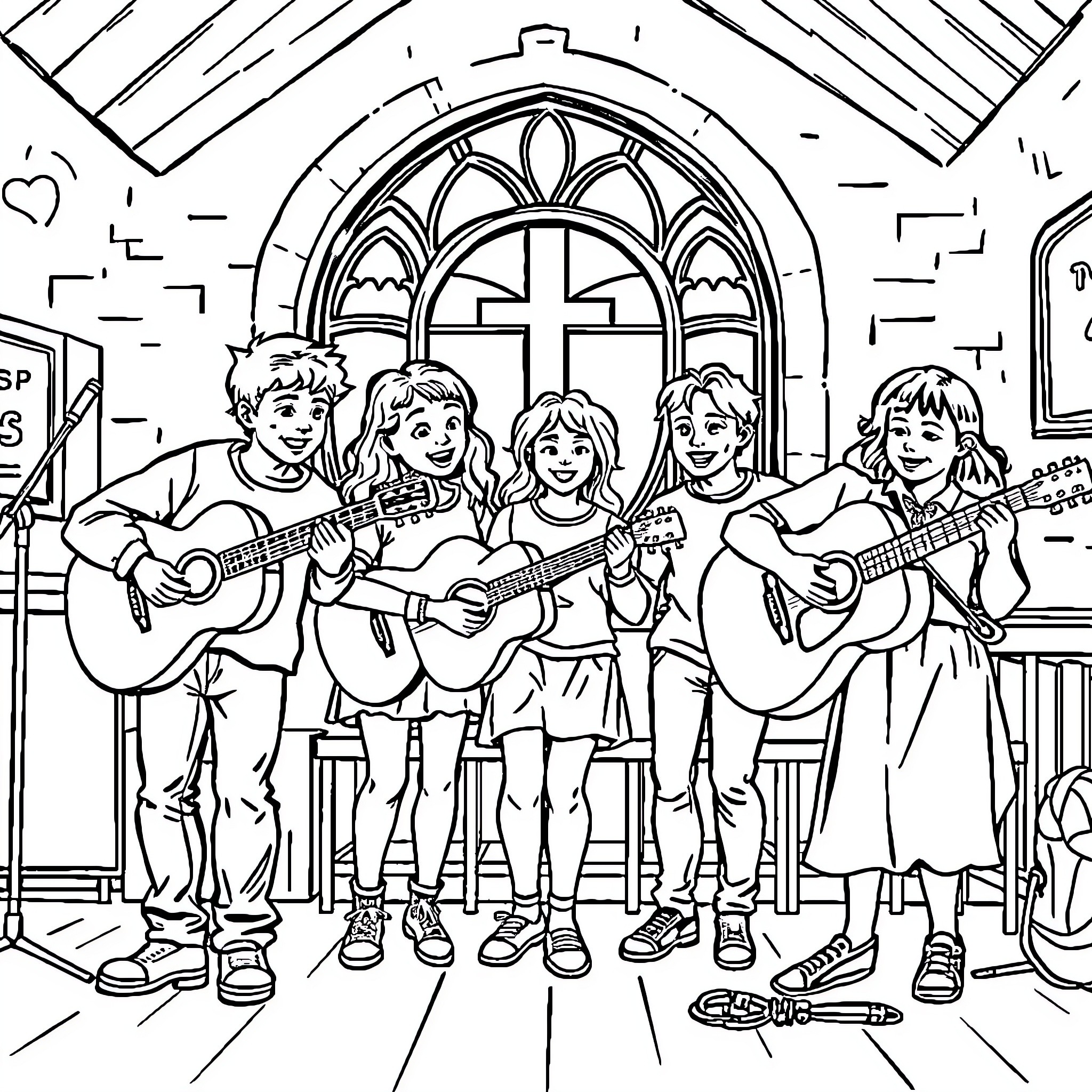 Teenager Singing and Playing Guitar in Church Coloring Page (free black-and-white line drawing printable PDF for all, from beginners to advanced learners, including children, teens, adults, and seniors)